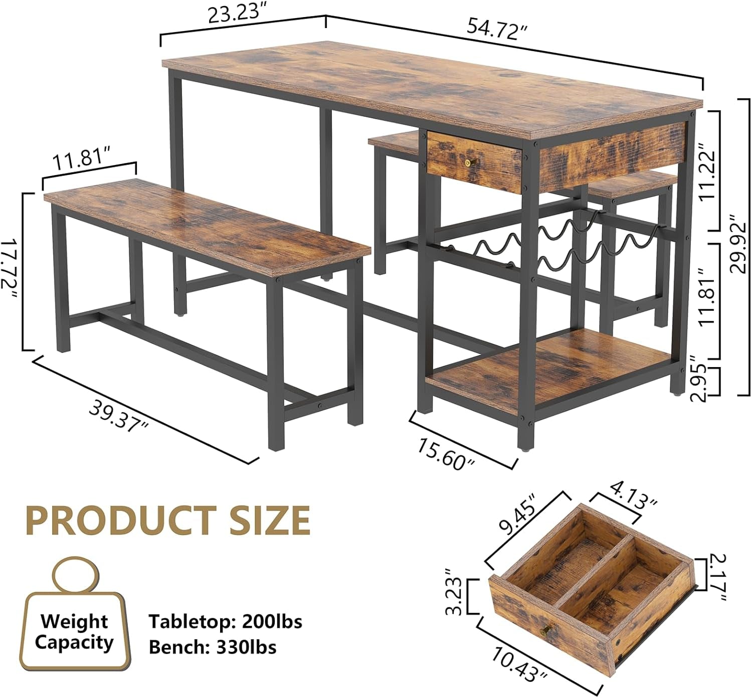 Rustic Dining Table Set For 4 To 6 With Storage Drawer