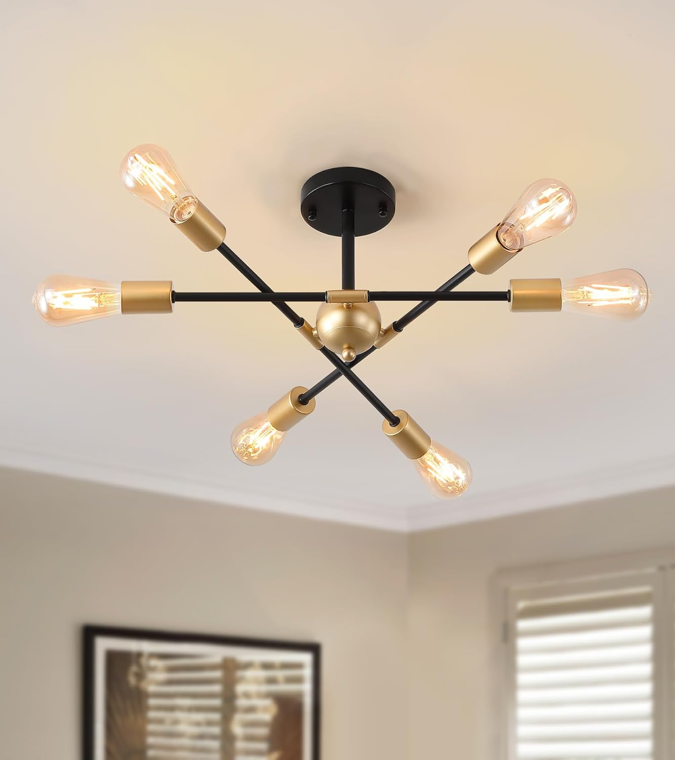 Black And Gold 6 Light Sputnik Ceiling Chandelier Semi Flush Mount UL Listed