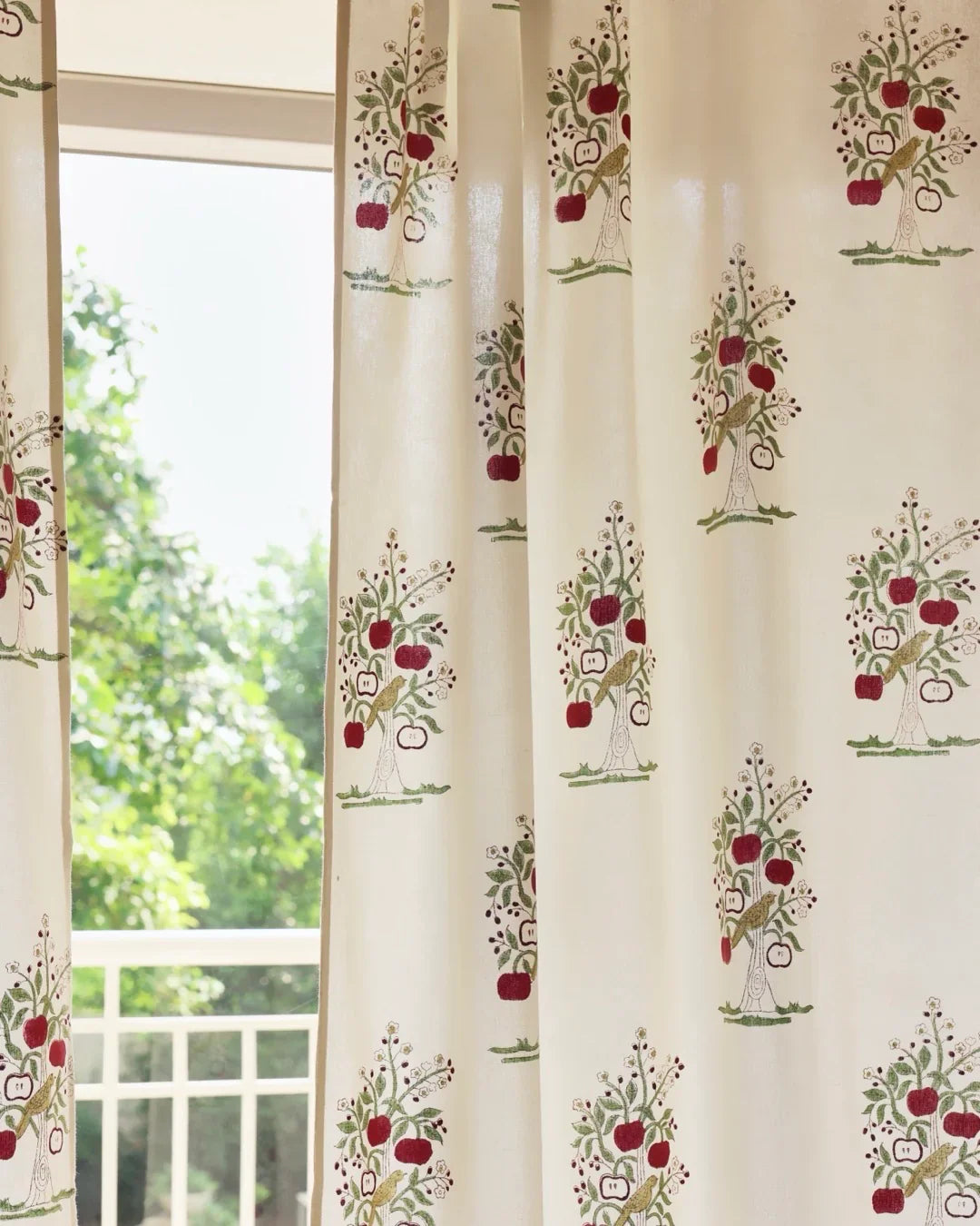 Cream & Red Hand Block Printed Linen Curtains | Apple Tree Design-4