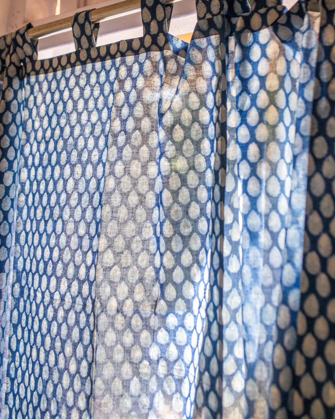 Indigo Blue Hand Block Printed Linen Curtains | Water Droplet Design-3