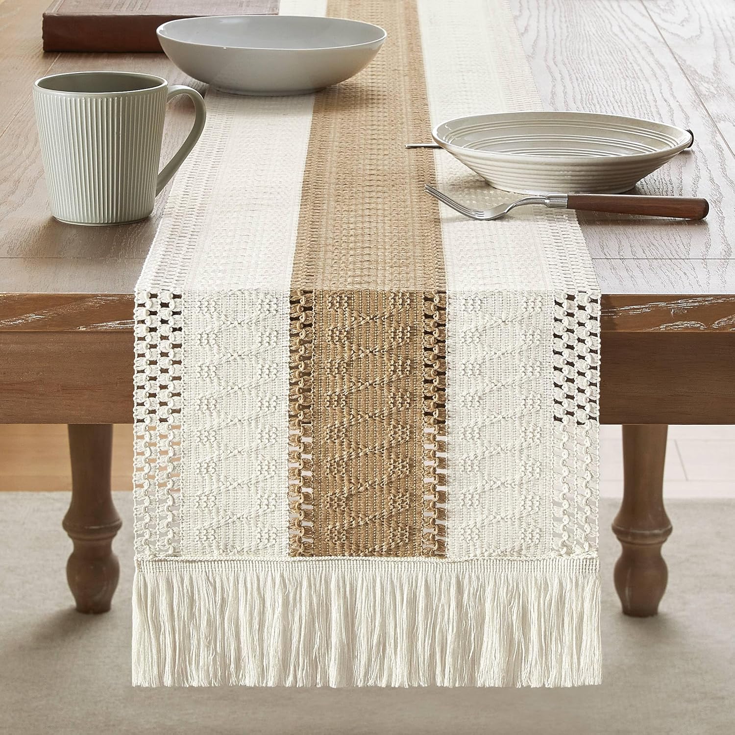 Handmade Cotton Table Runner | Boho Bicolor Woven Runner | Natural Cream & Brown | 12x72 Inches (30x183 cm)-2