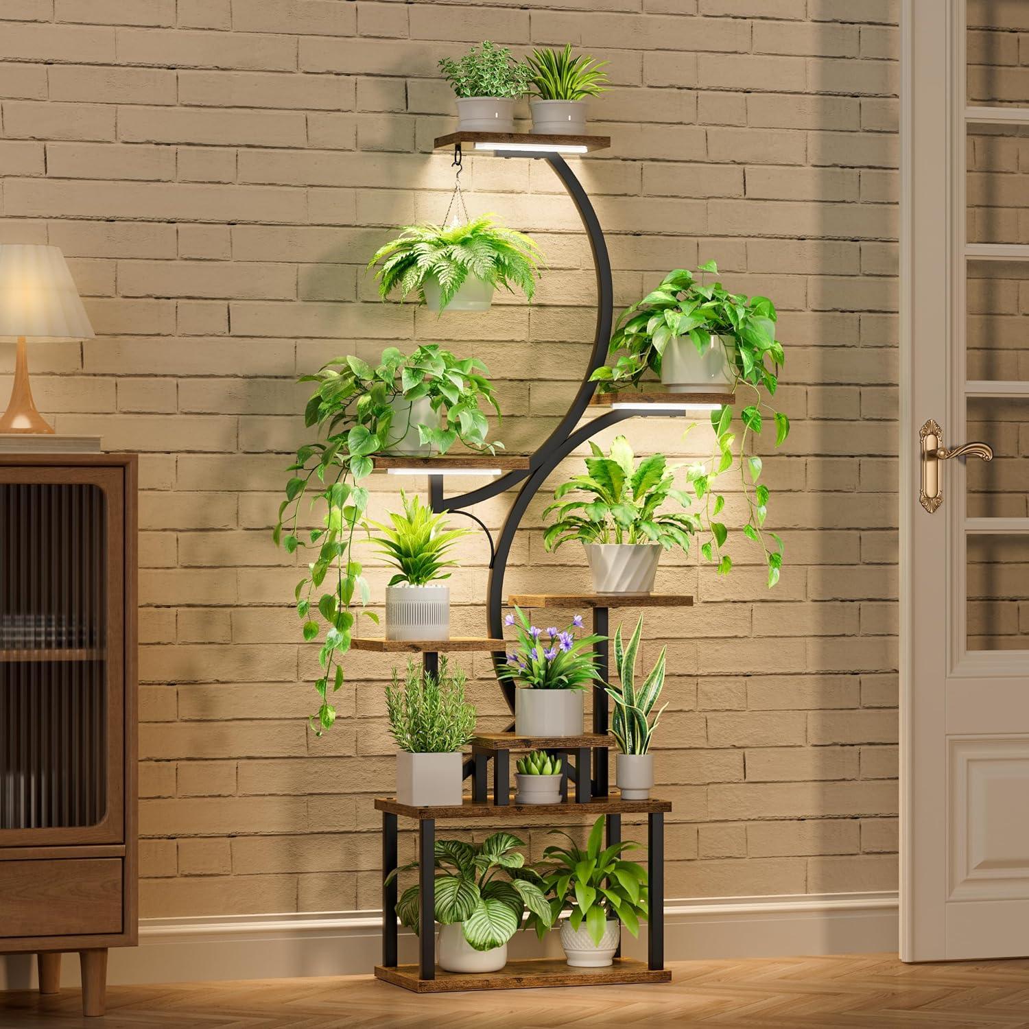 8 Tiered 62" Plant Stand Indoor with Grow Lights, S-Shaped Plant Rack for Home,Patio - PRHOMZ