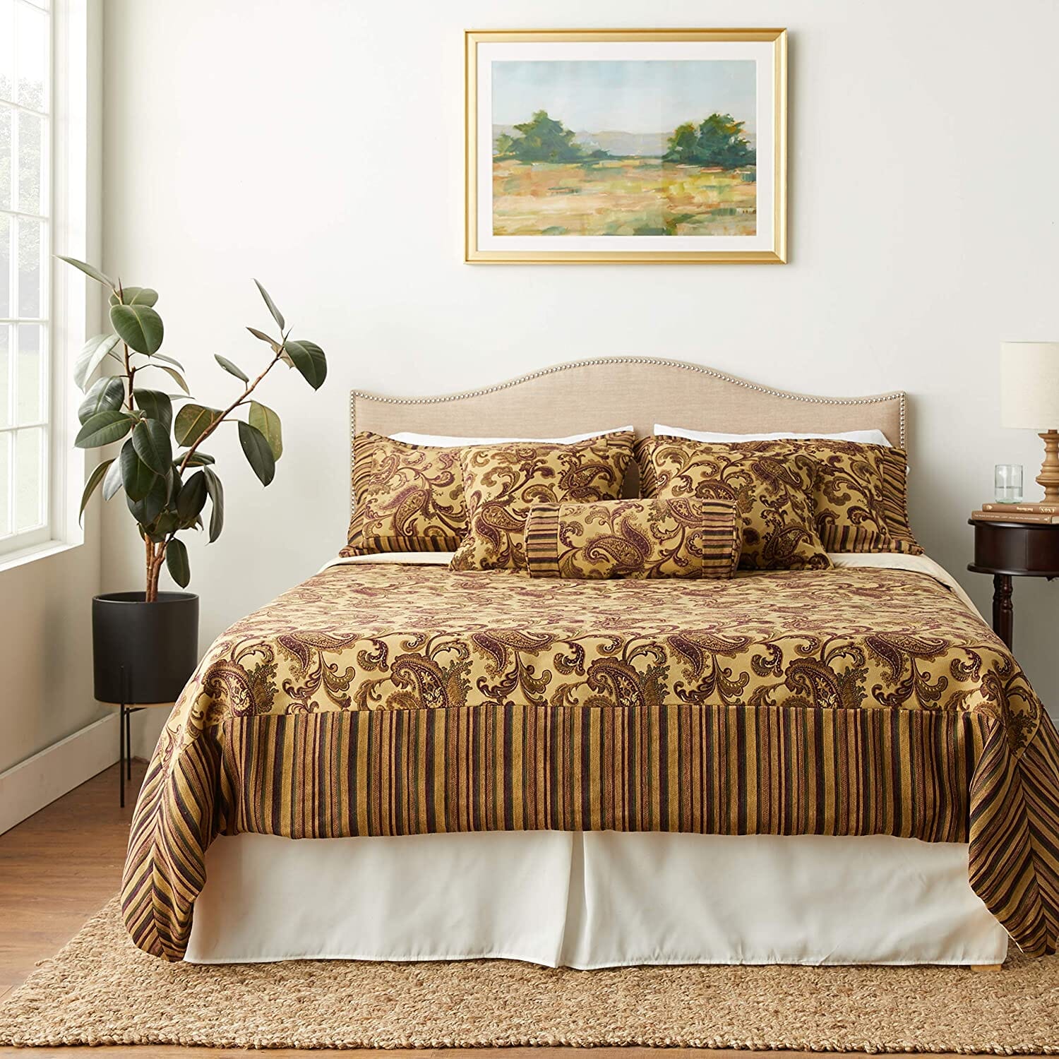Tache Chenille Elegant Paisley Striped Brown Burgundy Exotic Blooms Comforter Set With Zipper Cover (BM14224)