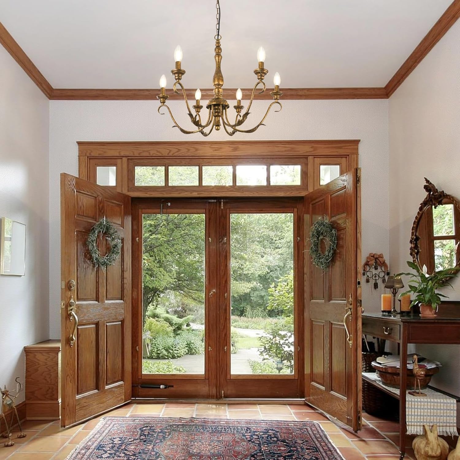 Six Light Farmhouse Chandelier Vintage Brass Fixture-4