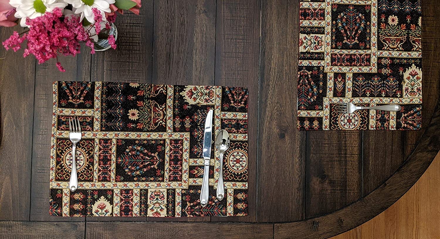 DaDalogy Bedding Set of 4-Pieces Dark Noir Mughal Floral Botanical Vintage Fleur Tapestry Placemats 13” x 19” (18197)
