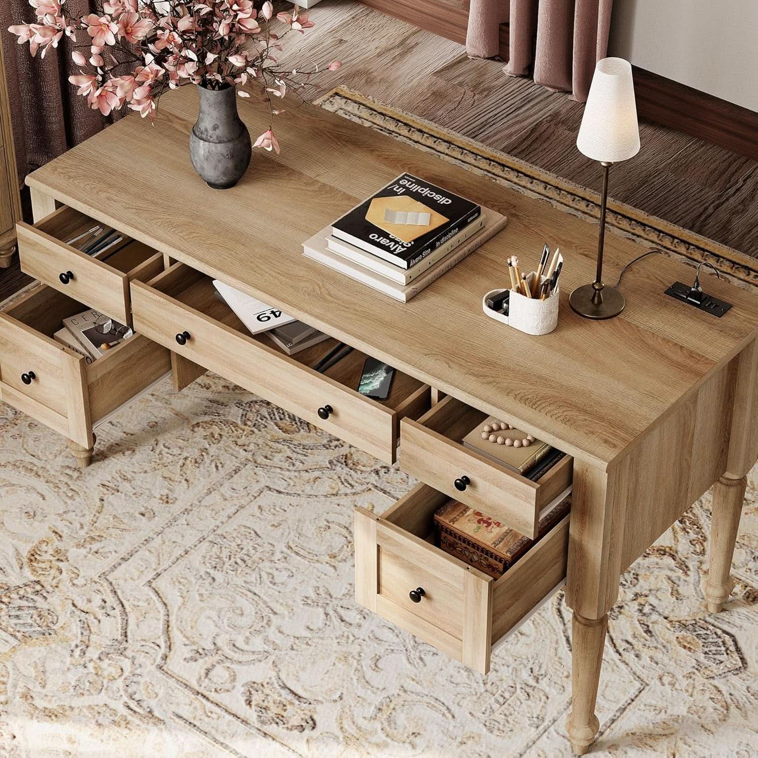 Distressed Oak Farmhouse Executive Desk With Glass