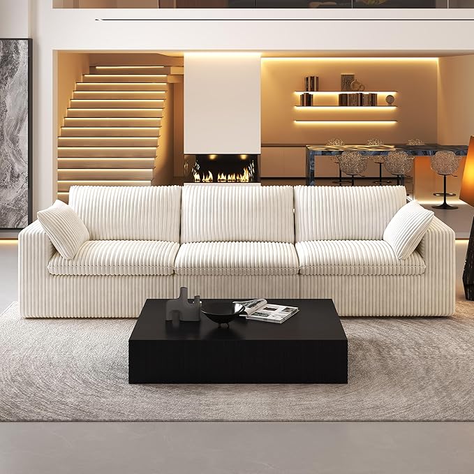 118" 3-Seater Cloud Sofa,Modular Sectional Couch,Modern Deep Seat Upholstered Couches with Plush Corduroy Fabric for Living Room Furniture,Bedroom and Apartment,No Assembly Required,White