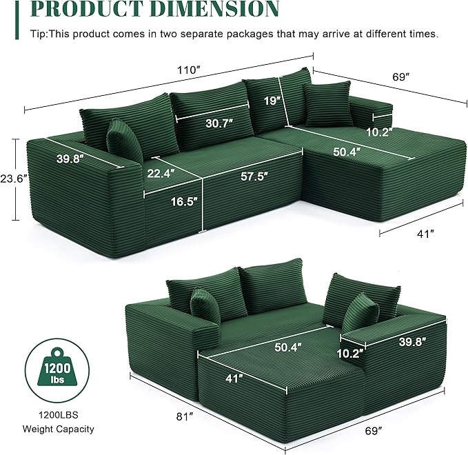 110” Cloud Sectional Couch, Boneless Sofa for Living Room, Modular Sectional Sofa with Deep Seat, Comfy Fluffy Couch with L-Shaped Chaise, No Assembly Required (Right-Facing Chaise, Green)