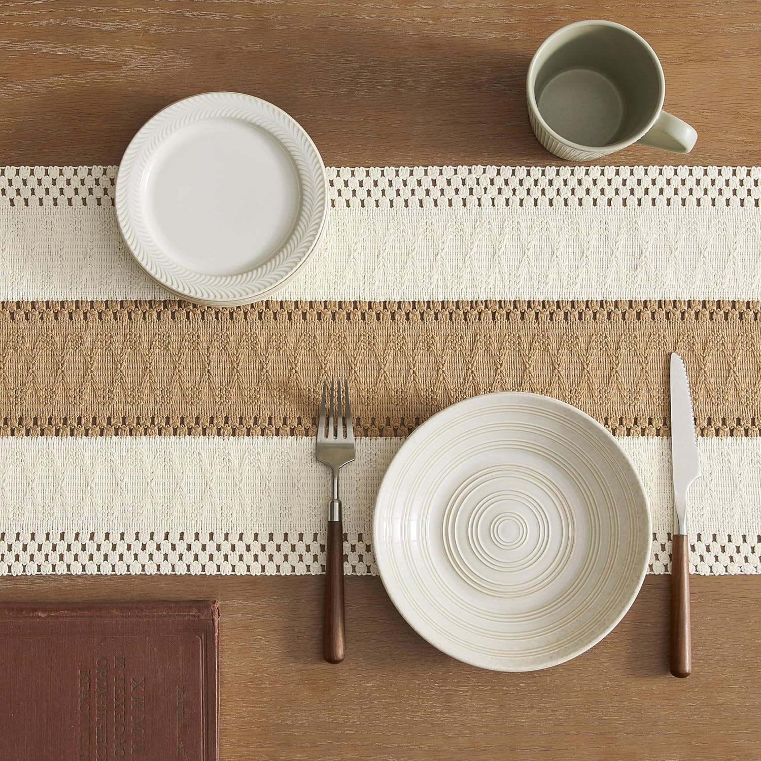 Handmade Cotton Table Runner | Boho Bicolor Woven Runner | Natural Cream & Brown | 12x72 Inches (30x183 cm)-3