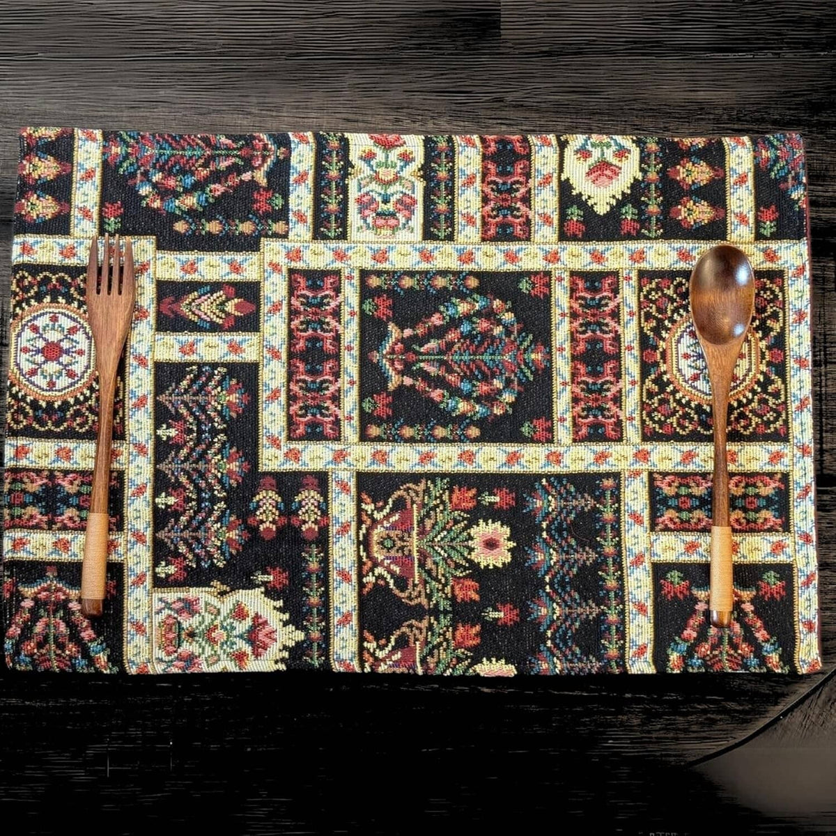 DaDalogy Bedding Set of 4-Pieces Dark Noir Mughal Floral Botanical Vintage Fleur Tapestry Placemats 13” x 19” (18197)