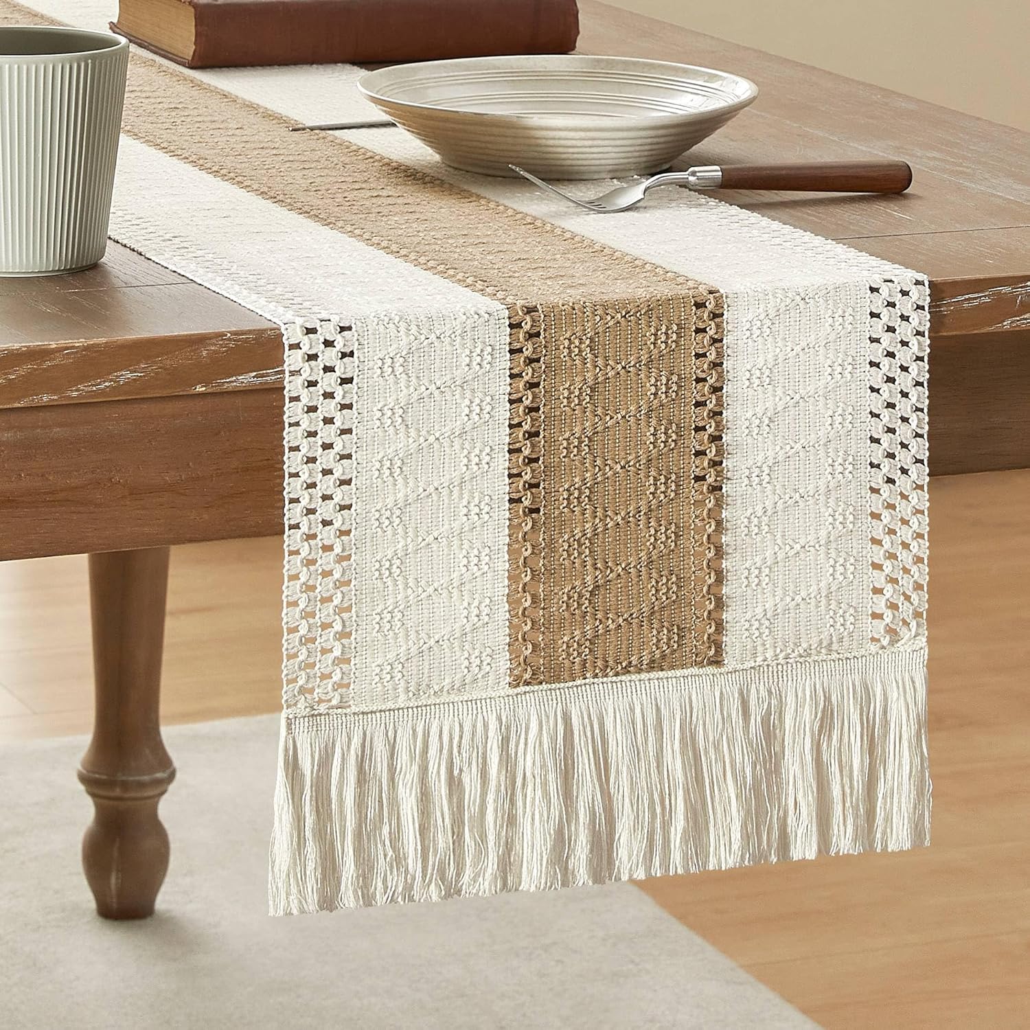Handmade Cotton Table Runner | Boho Bicolor Woven Runner | Natural Cream & Brown | 12x72 Inches (30x183 cm)-0