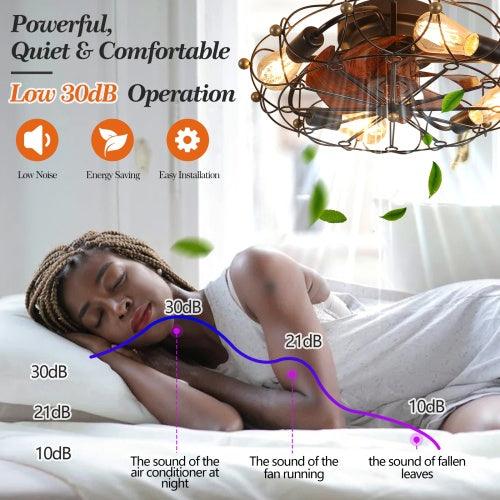 Low Profile Cage Ceiling Fan With Light Remote Control, Built-in Modern Industrial Ceiling Fan - PRHOMZ