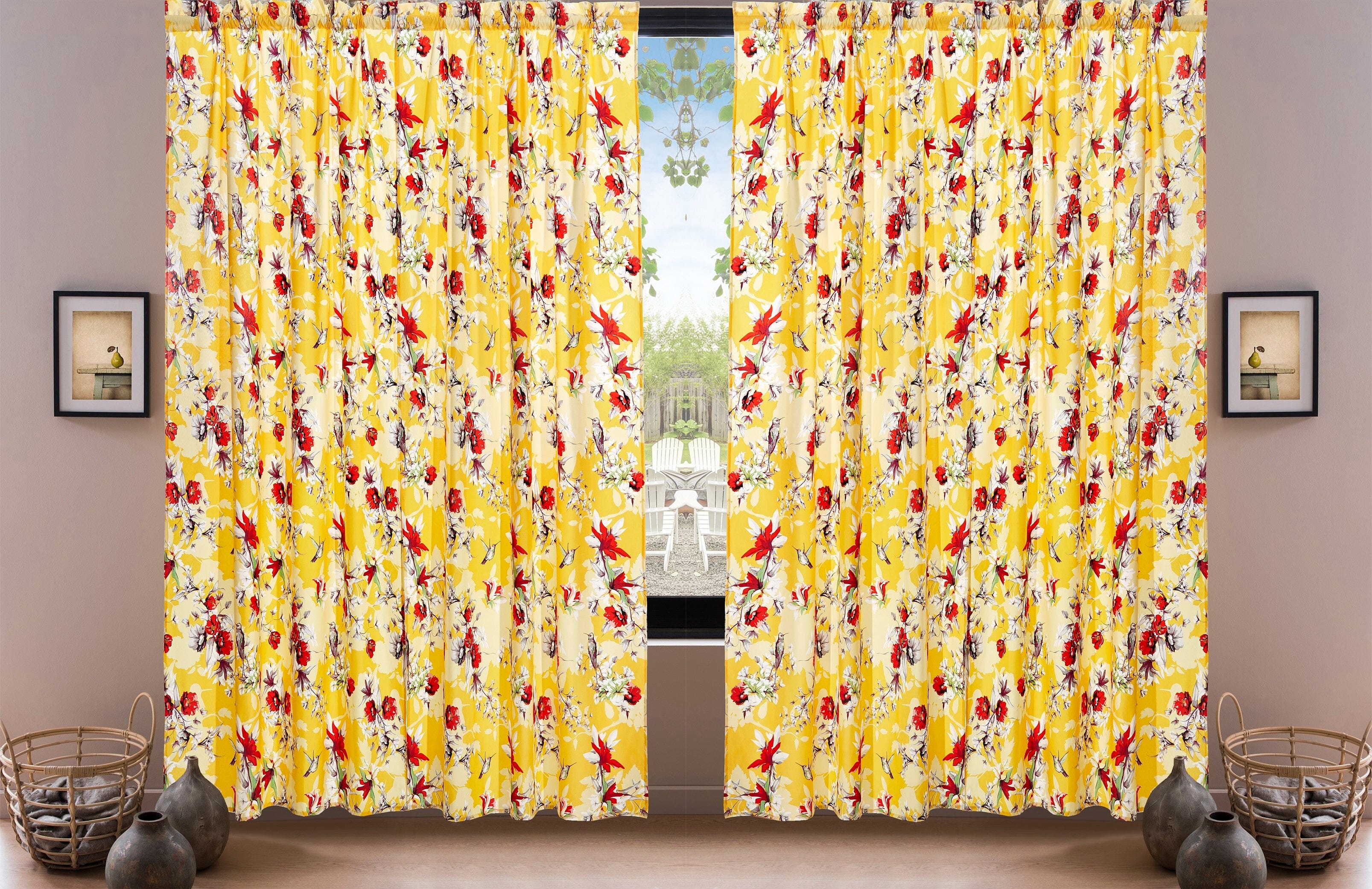 DaDa Bedding Set of 2 Radiant Sunshine Yellow Floral Window Curtain Panels - Natural Semi Sheer Hummingbirds Farmhouse Red Flowers Straight Tailored Edge