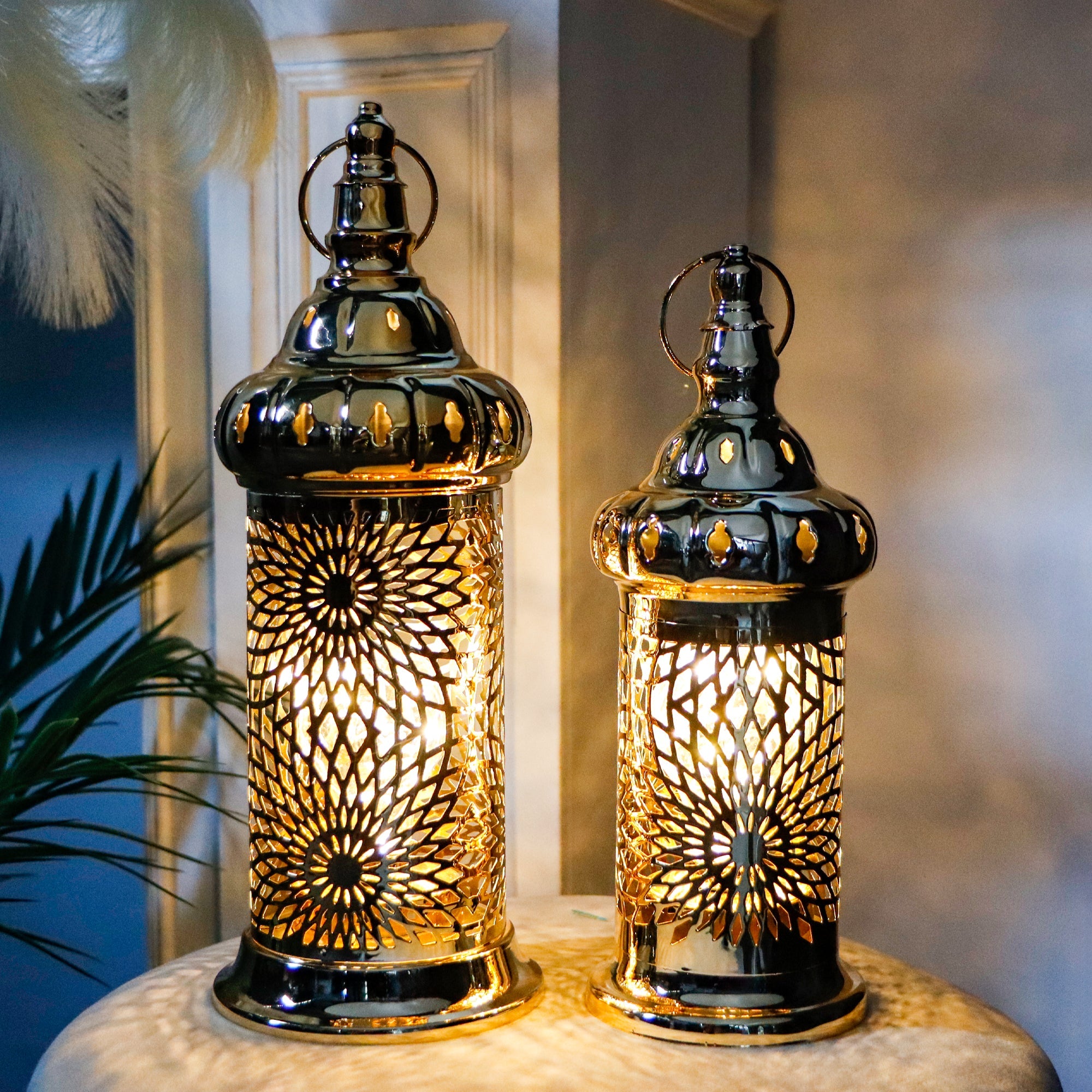 Ramadan Lanterns Set of 2 (10" &12.5") - Gold Electric, Timer, Metal Vintage Decorative, Indoor/Outdoor Decor, EID Mubarak Gift-1