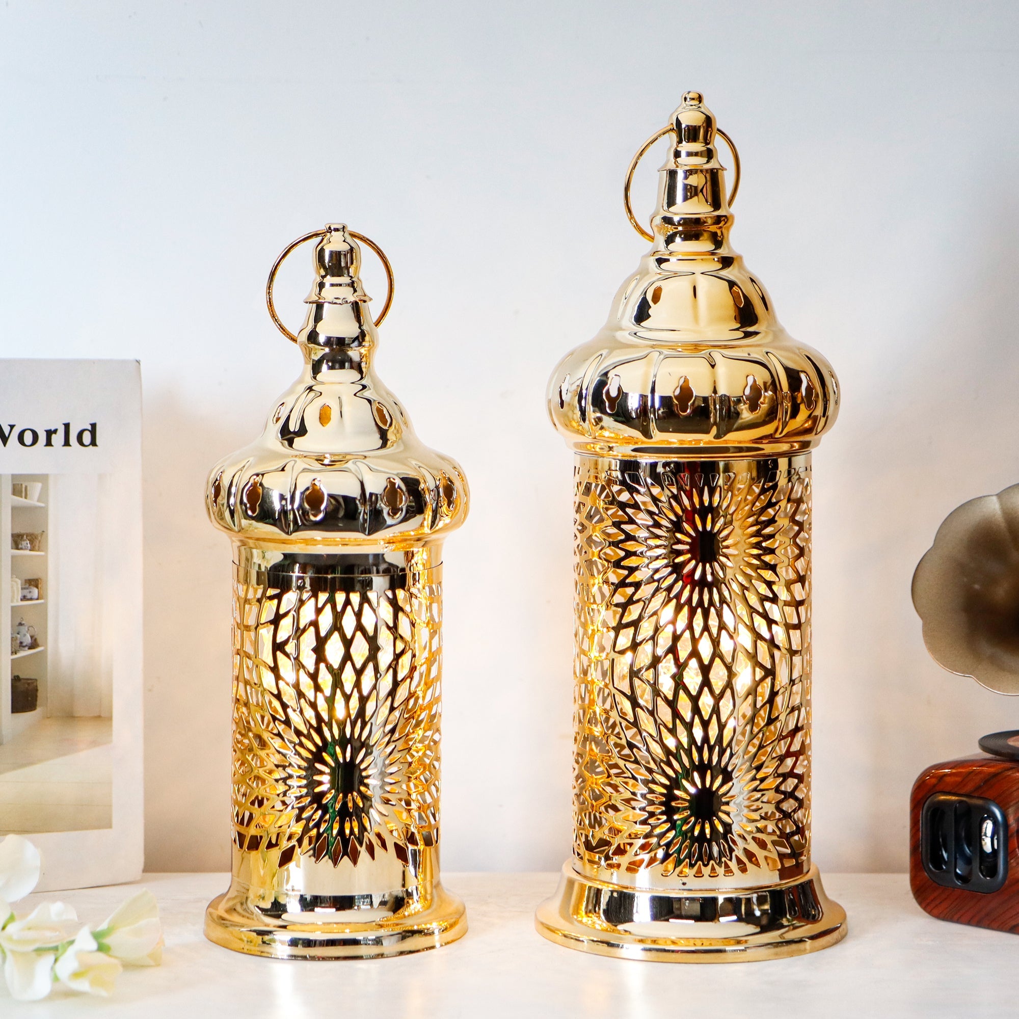 Ramadan Lanterns Set of 2 (10" &12.5") - Gold Electric, Timer, Metal Vintage Decorative, Indoor/Outdoor Decor, EID Mubarak Gift-0