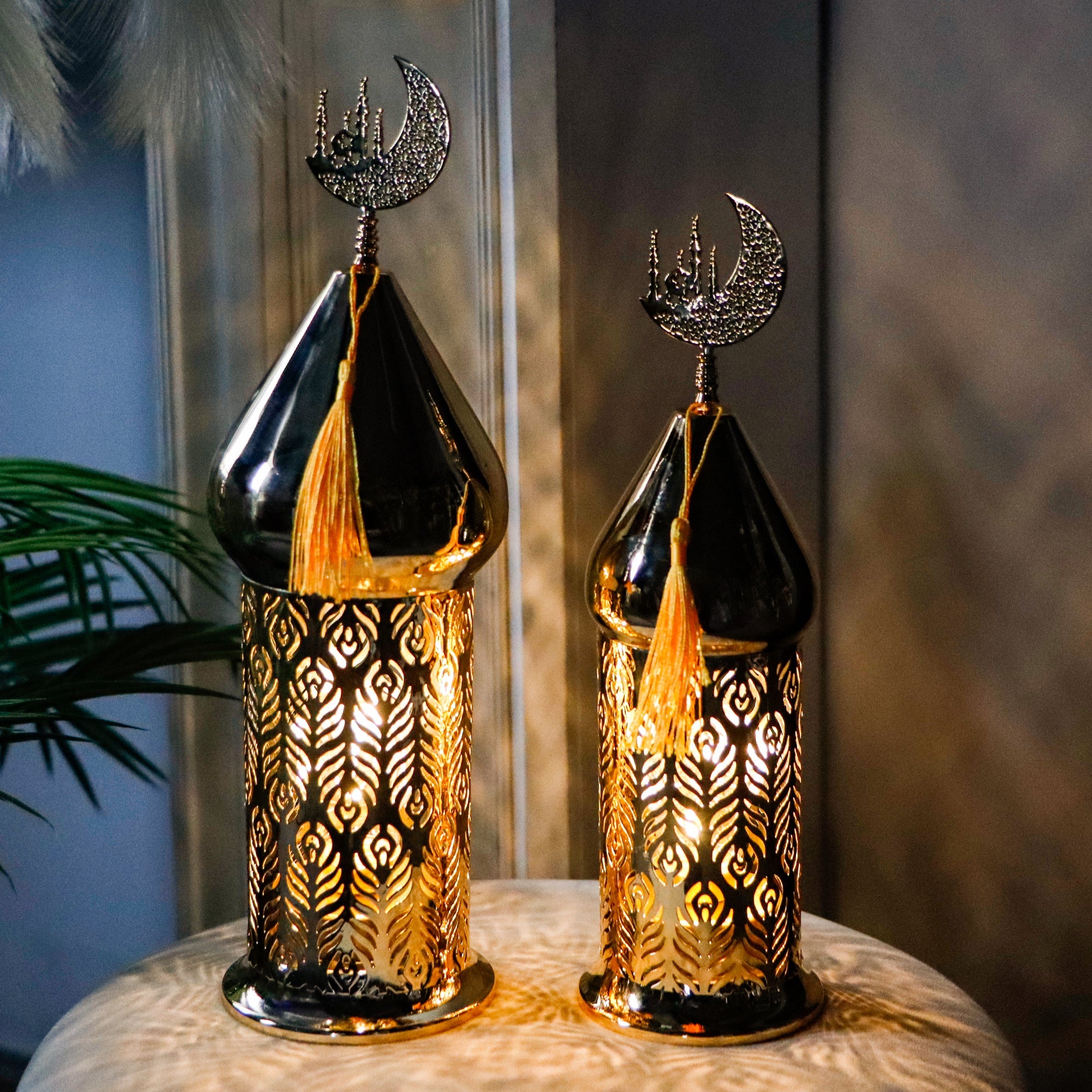 Ramadan Lanterns Set of 2 (14" &12") - Gold Electric, Timer, Metal Vintage, Indoor/Outdoor Decor, EID Mubarak Gift-0