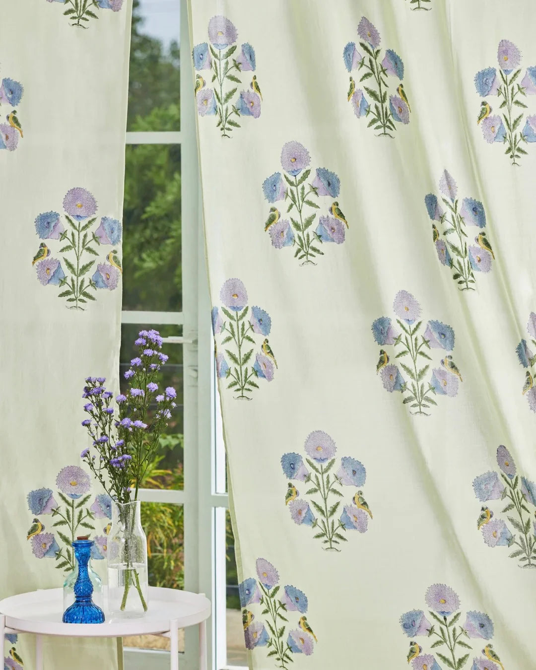 White & Purple Hand Block Printed Linen Curtains | Floral & Bird Design-4