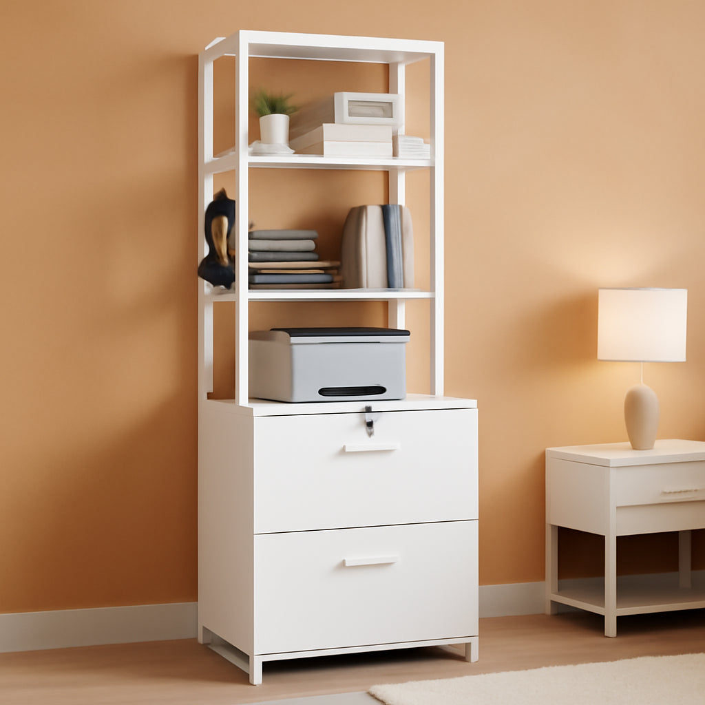 2 Drawer File Cabinet With Lock For Letter Legal A4 Folders White With Storage Bag Open Shelf And Hook