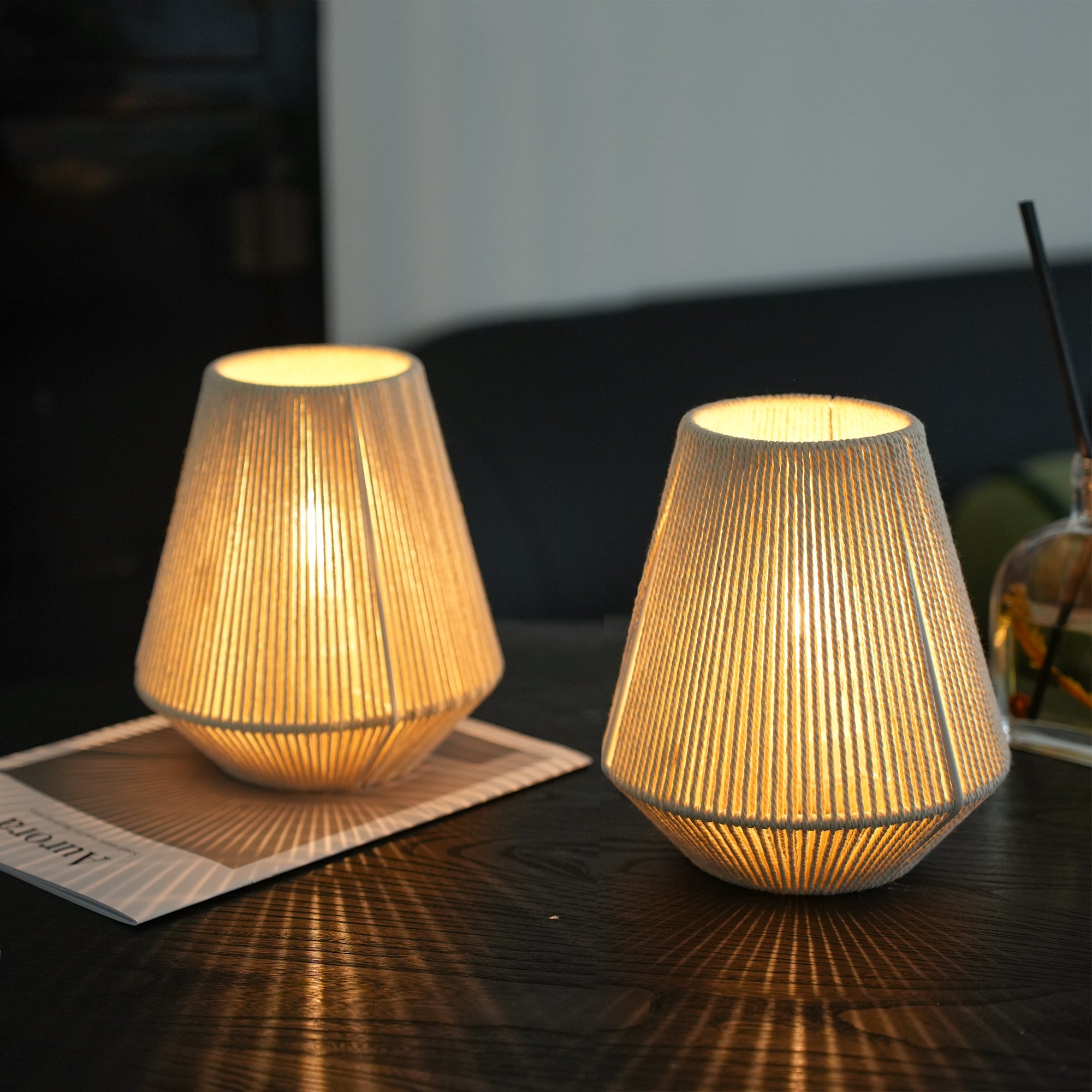 JHY DESIGN 2-Pack Boho Woven Cotton Rope Table Lamp - 8" H Cordless Battery - Operated with 6-Hour Timer, Perfect for Bedroom Bedside & Events-0