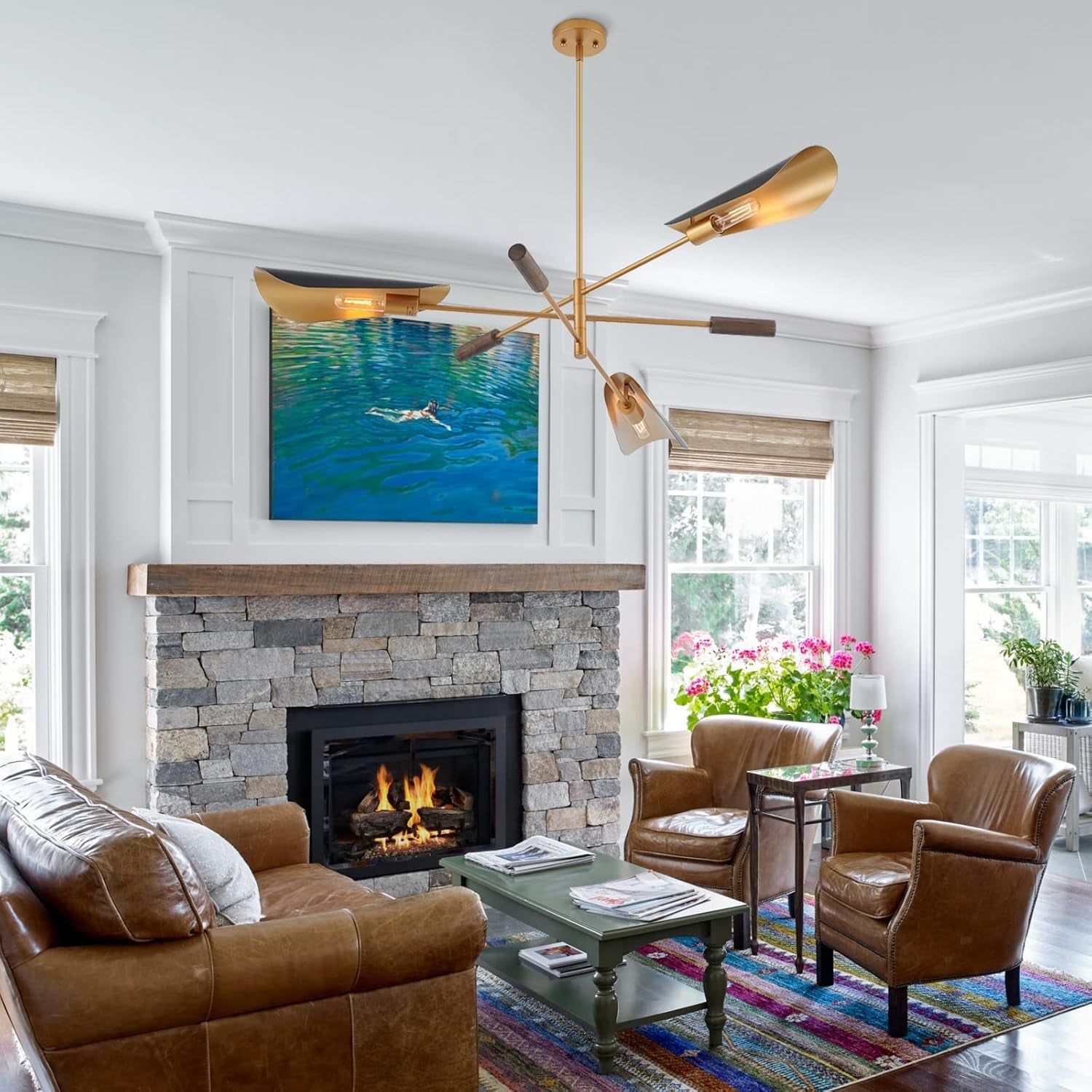 51 Inch Industrial Brass Chandelier Wooden Pendant-1