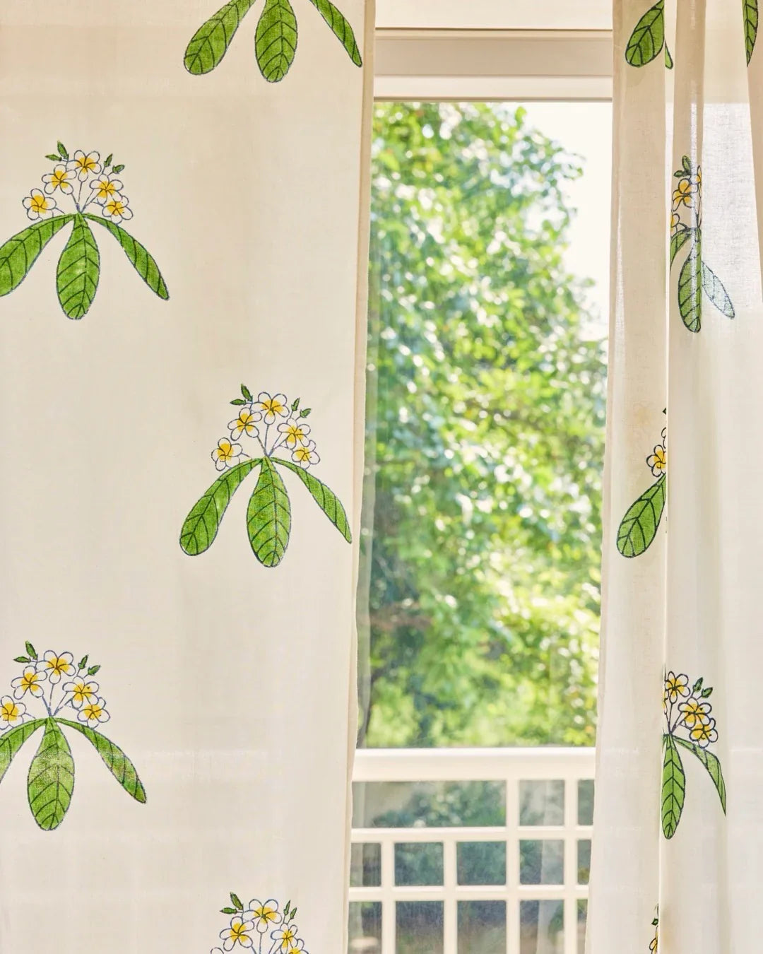 White & Green Hand Block Printed Linen Curtains | Frangipani Design-4