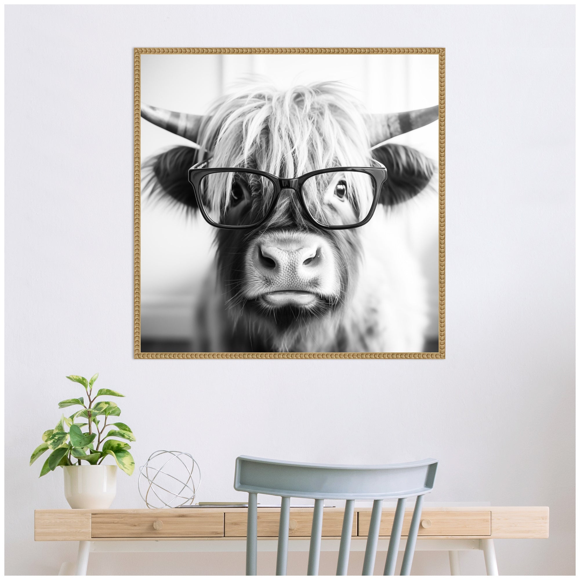 Sylvie Black and White Highland Cow in Reading Glasses Framed Canvas by The Creative Bunch Studio