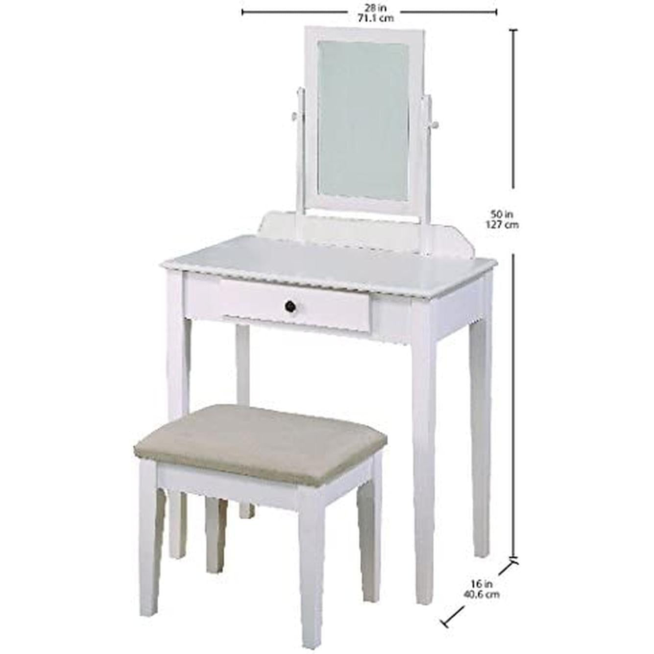 White Transitional Vanity Table and Stool Set for Bedroom