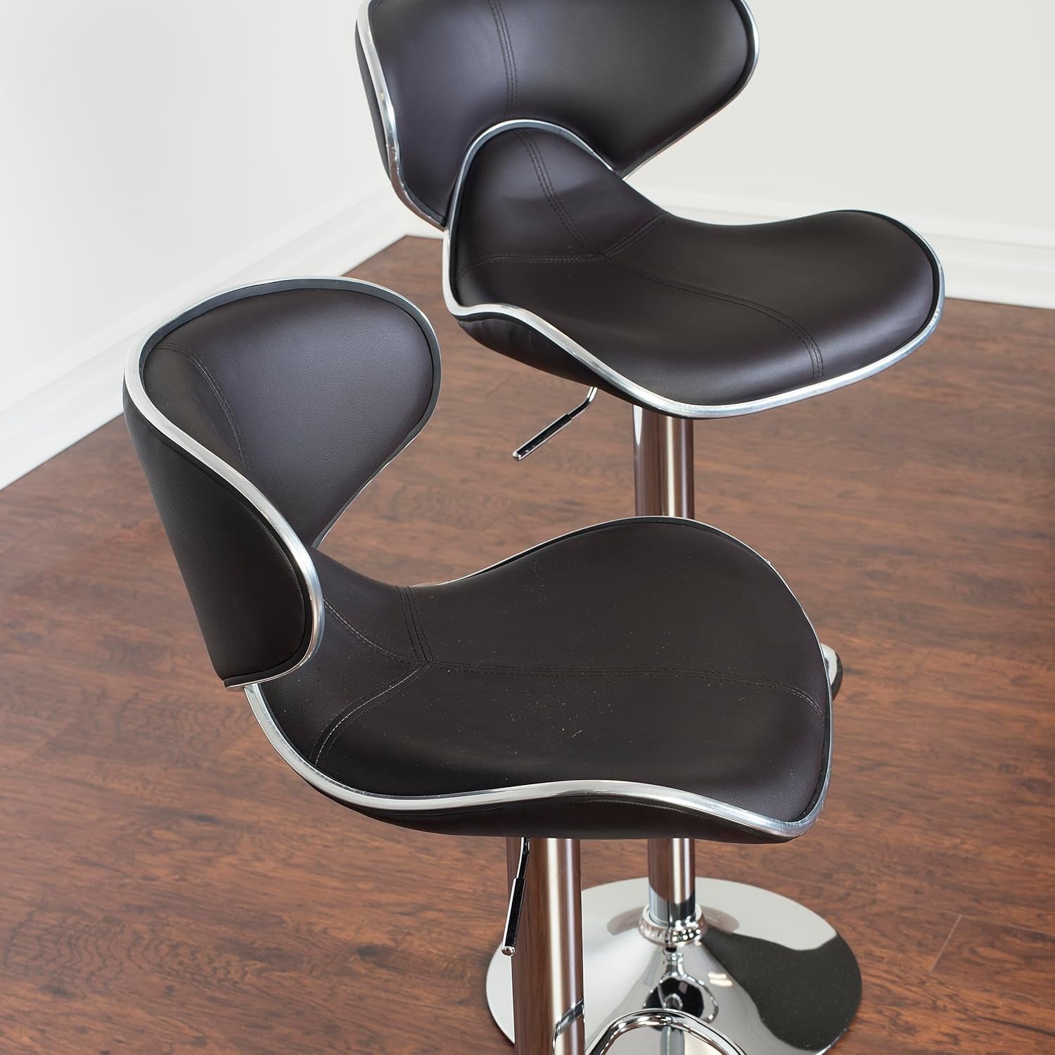 Two Brown Airlift Swivel Barstools With Chrome Base Adjustable Height 360 Degree Rotation