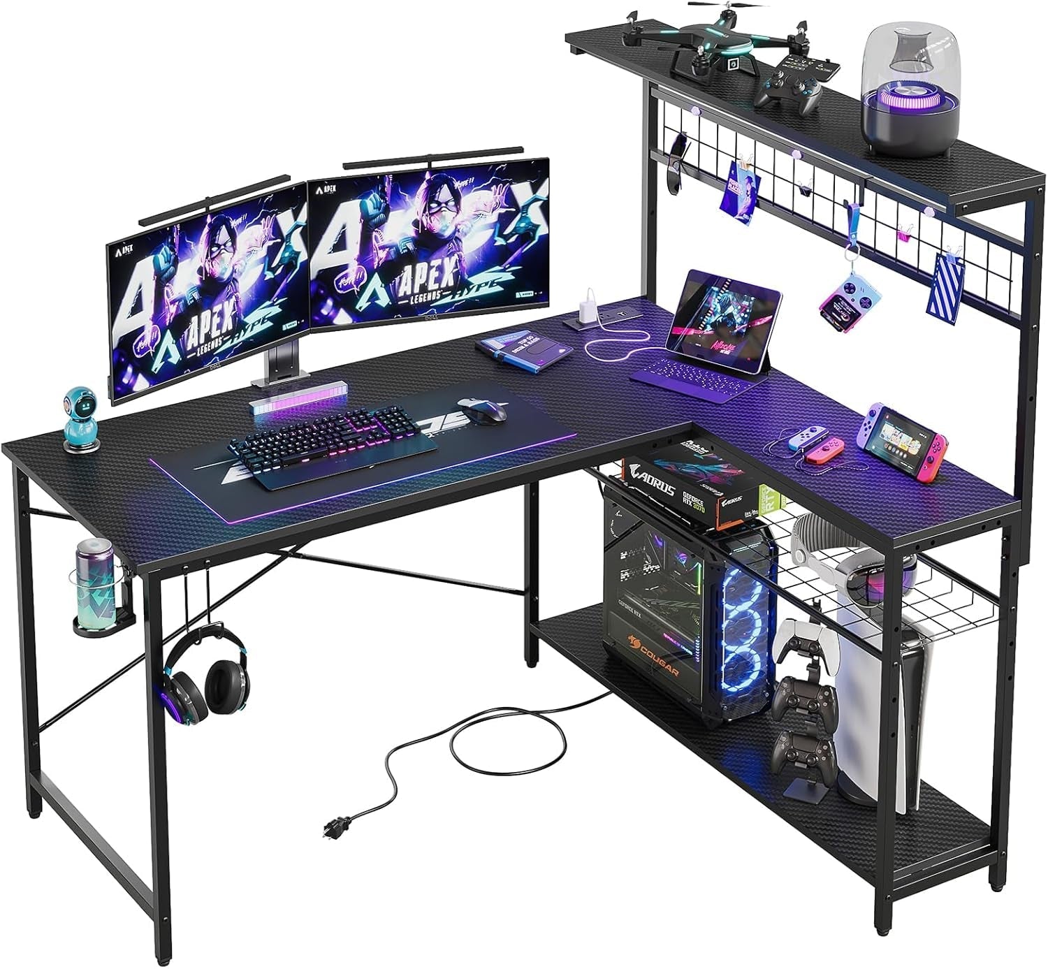51-Inch L-Shaped Gaming Desk With LED Lights For Office