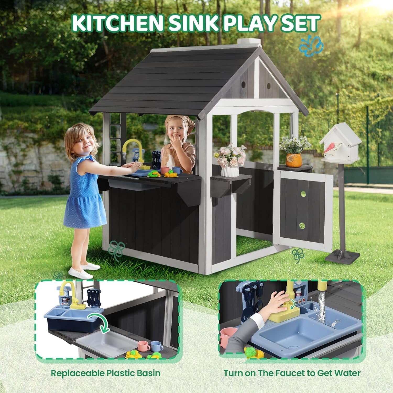 Wooden Outdoor Playhouse Gray White Integrated Sink