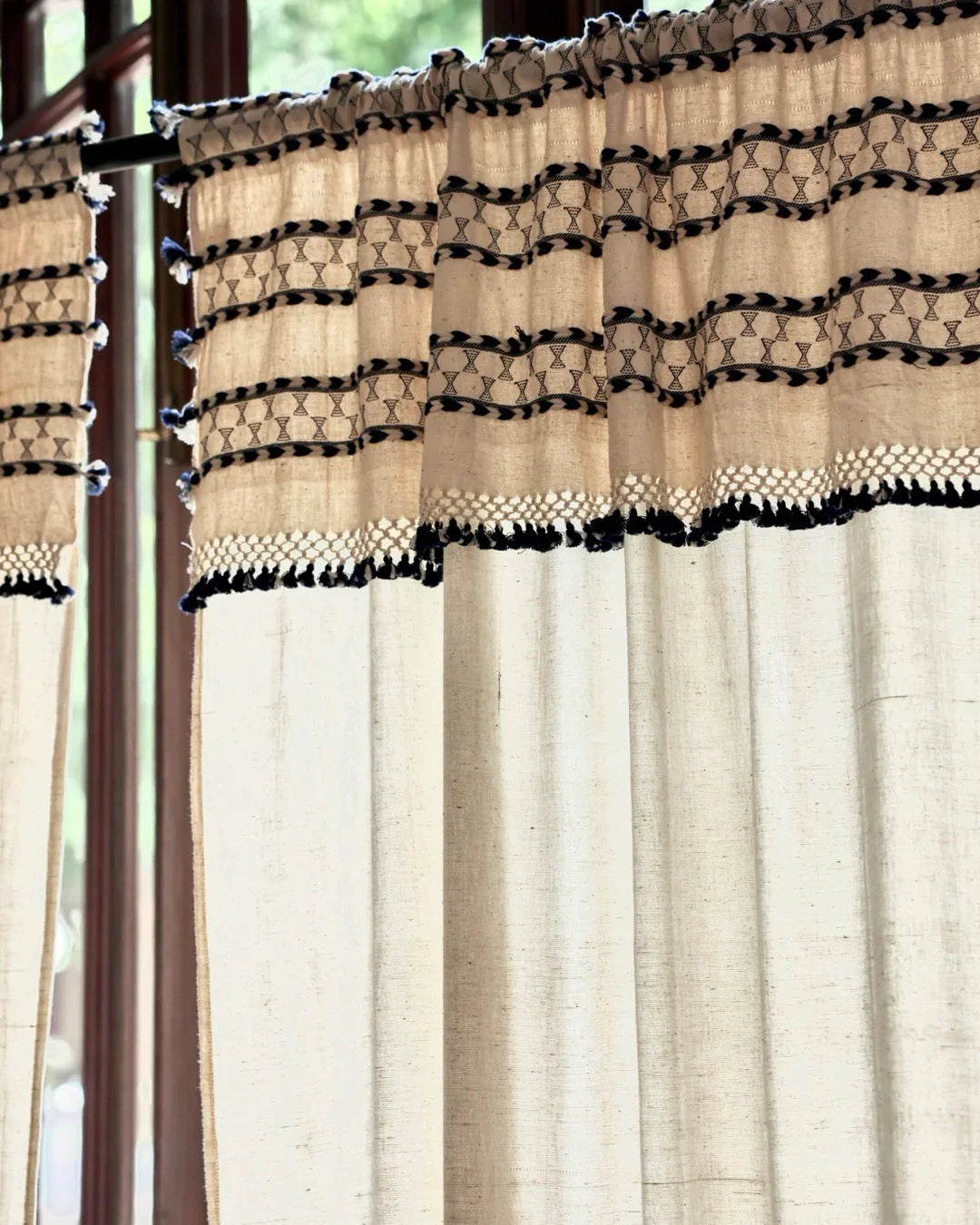 Natural Linen Curtains with Blue Tassels | Rod Pocket-0