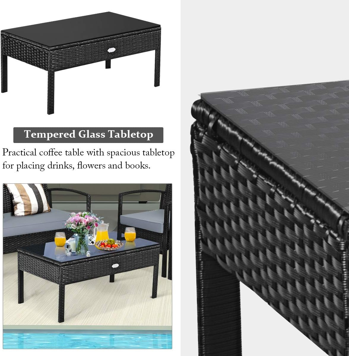 4 Piece Patio Rattan Furniture Set With Glass Coffee Table