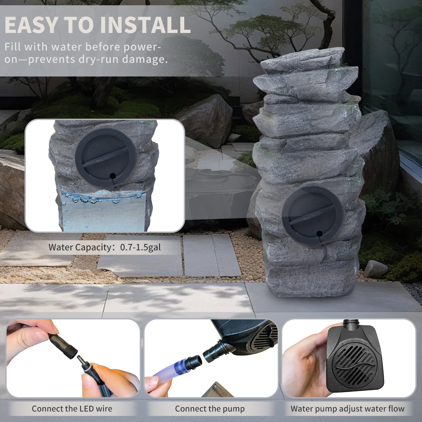 Rock Waterfall Outdoor Fountain with LED Lights