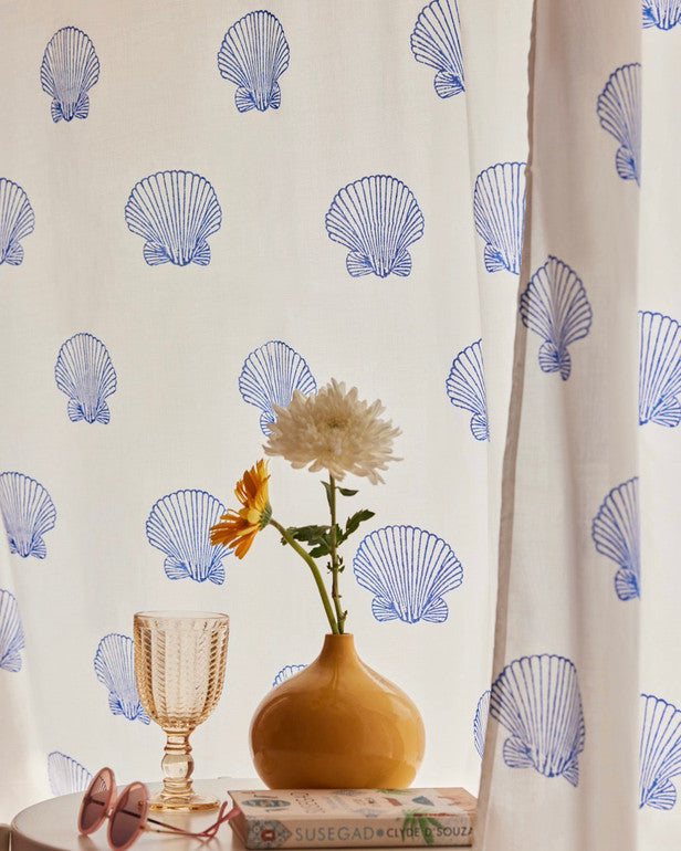 Organic Cotton Seashell Curtains | Hand Block Printed | White and Blue-1