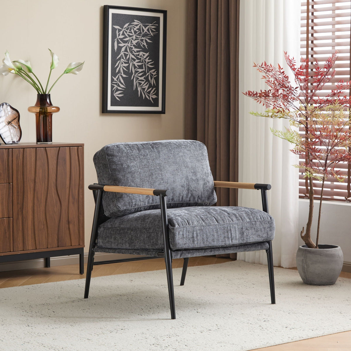 Modern Accent Chair with Plush Cushions and Wooden Armrests - Available in Multiple Colors