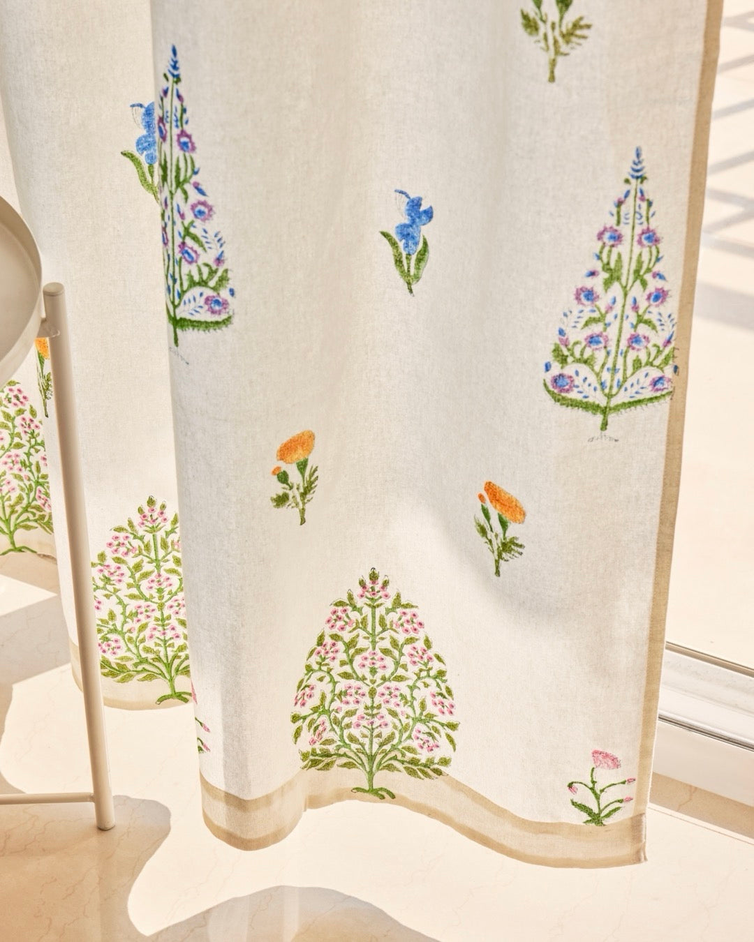 Hand Block Printed Linen Curtains | Tree & Floral Motif | Light Filtering Opaque For Privacy-3