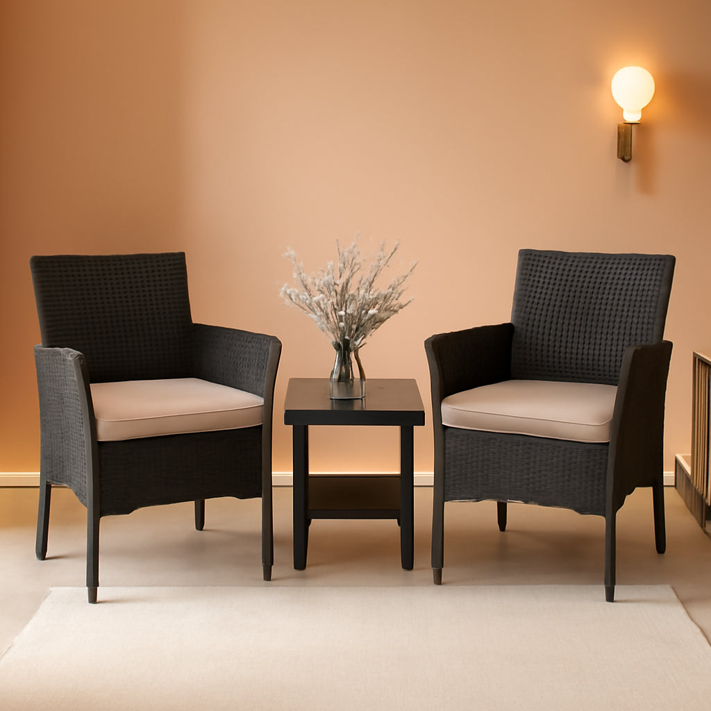 Wicker Bistro Set Cushioned Chairs Coffee Table Black Beige