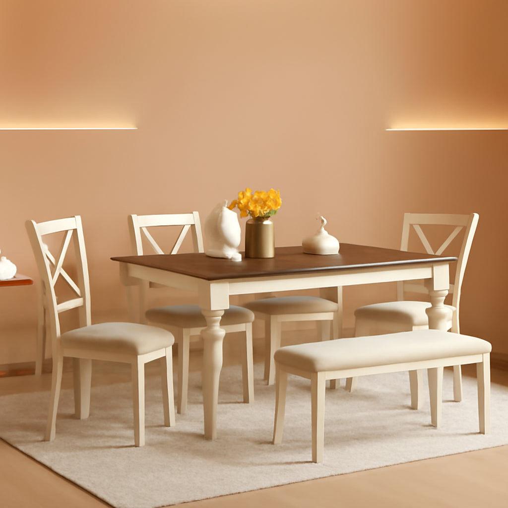 Sixty Inch Solid Wood Walnut Finish Dining Table Set Upholstered Chairs