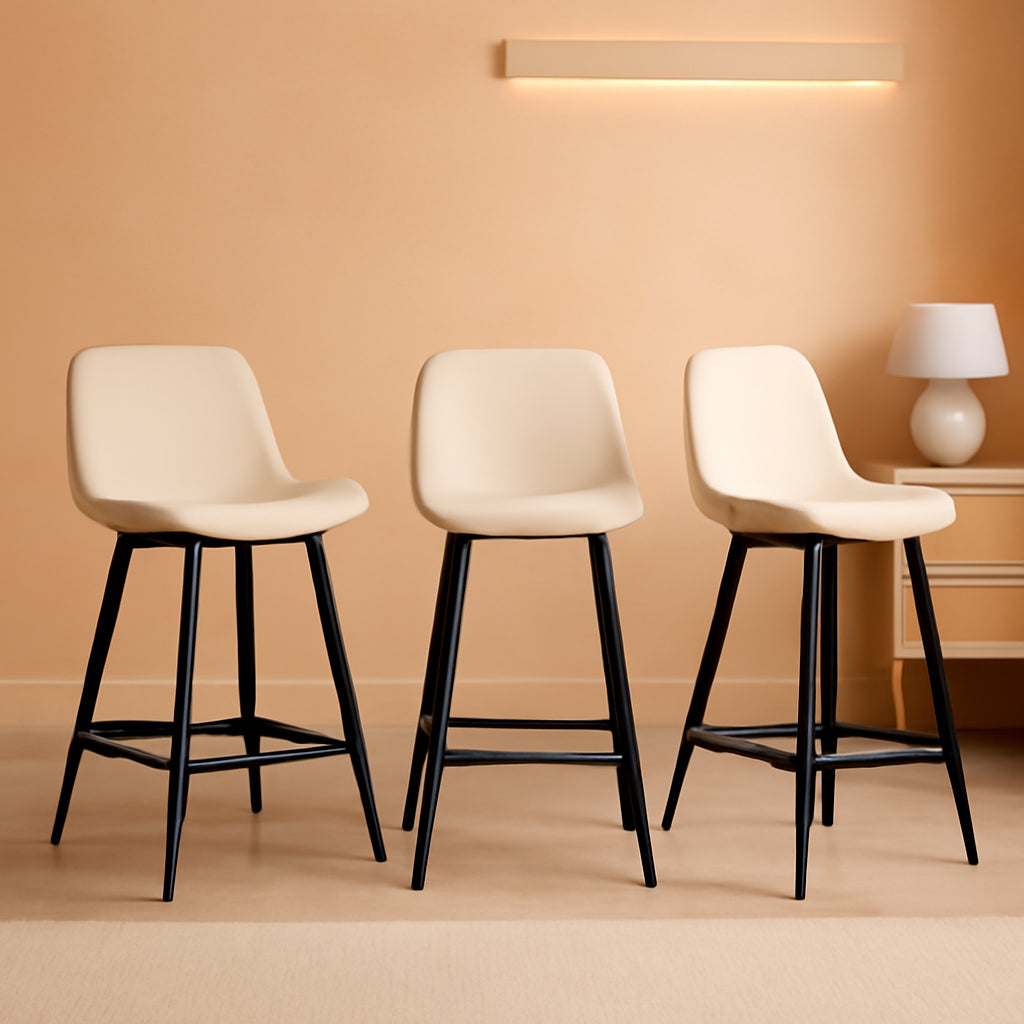 24 Inch Faux Leather Bar Stool Set of 3 With Back and Footrest, Antique White for Kitchen Island