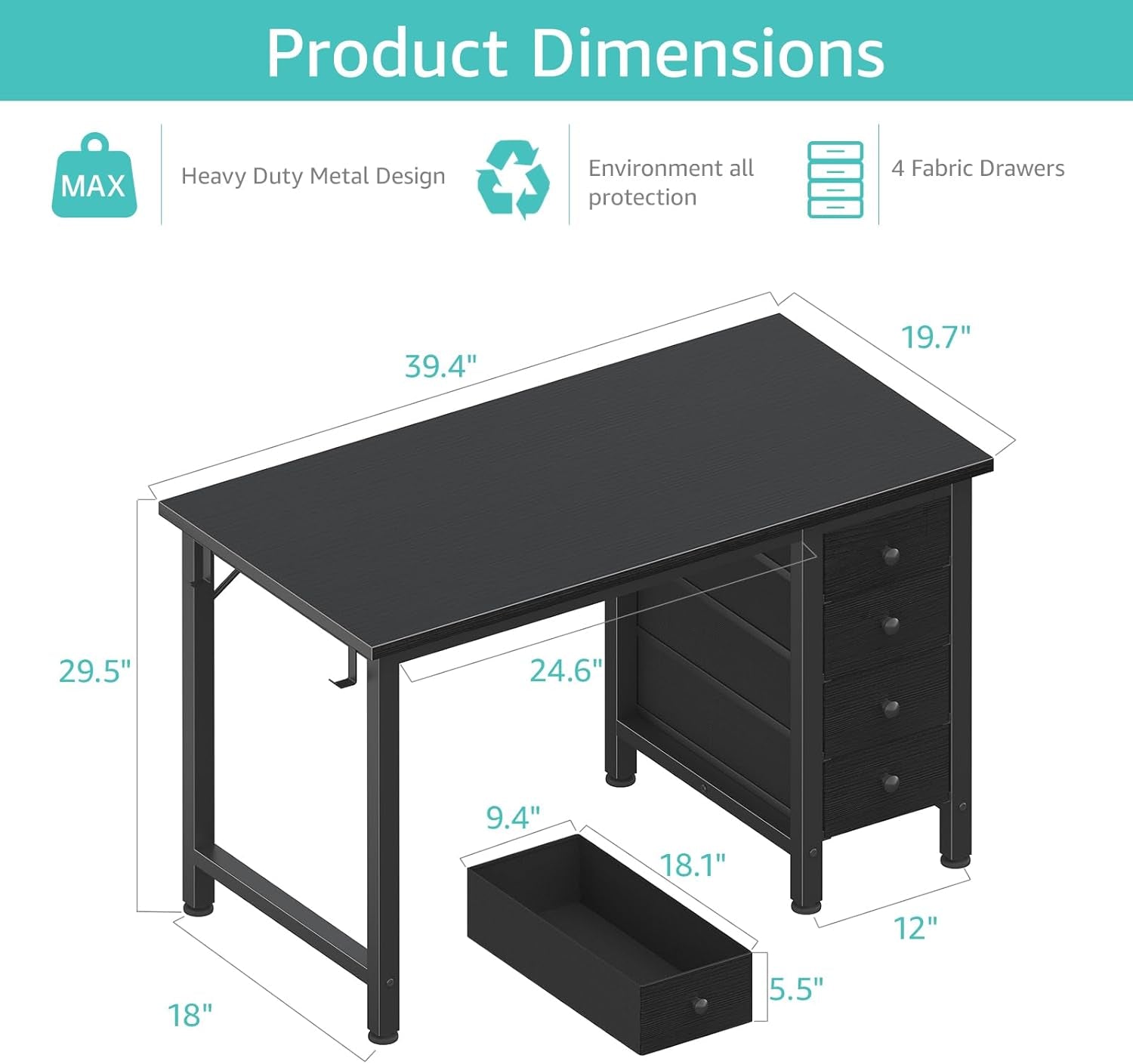 40 Inch Small Gaming Desk With Fabric Drawers Black