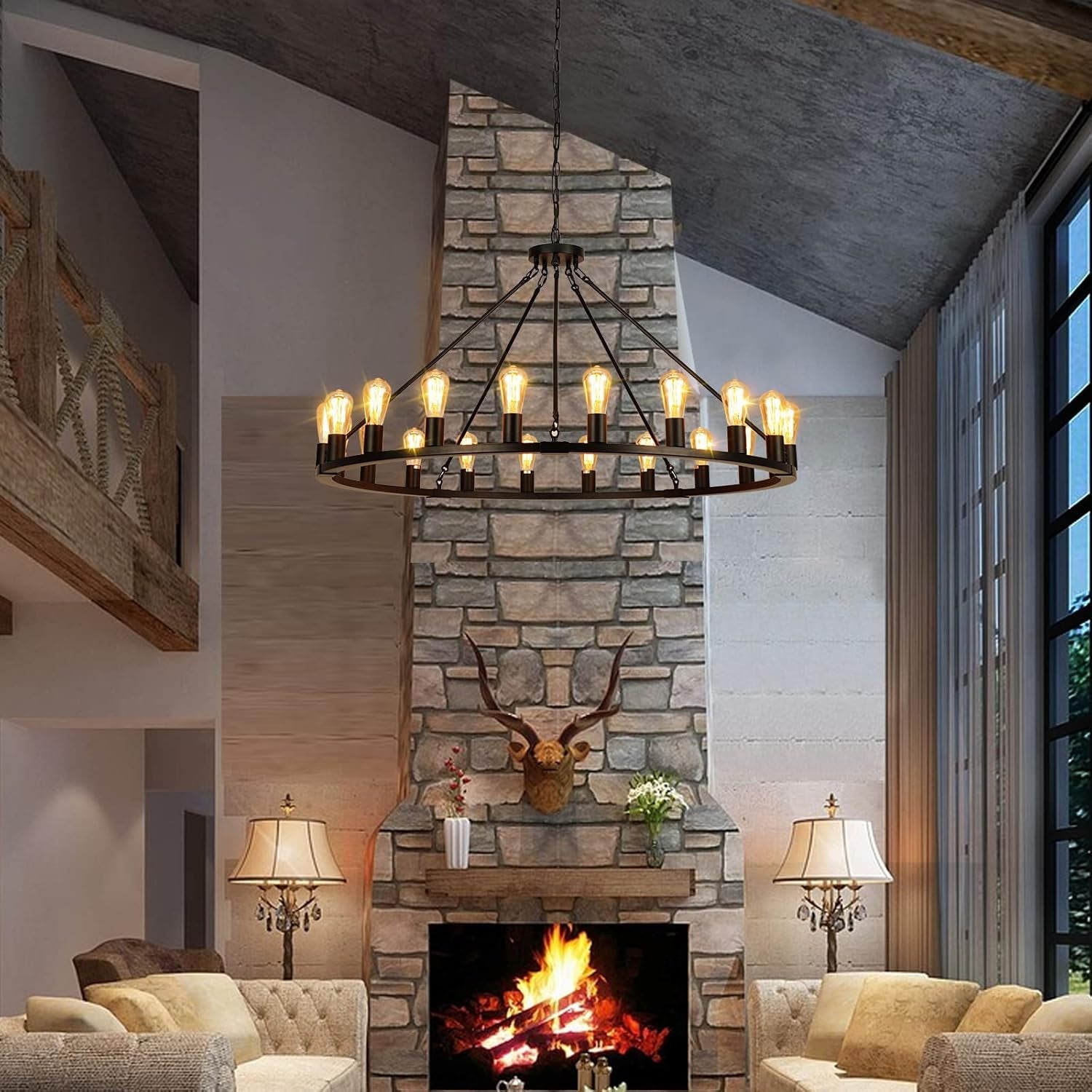 Matte Black Wagon Wheel Chandelier 48 Inch Lighting-1