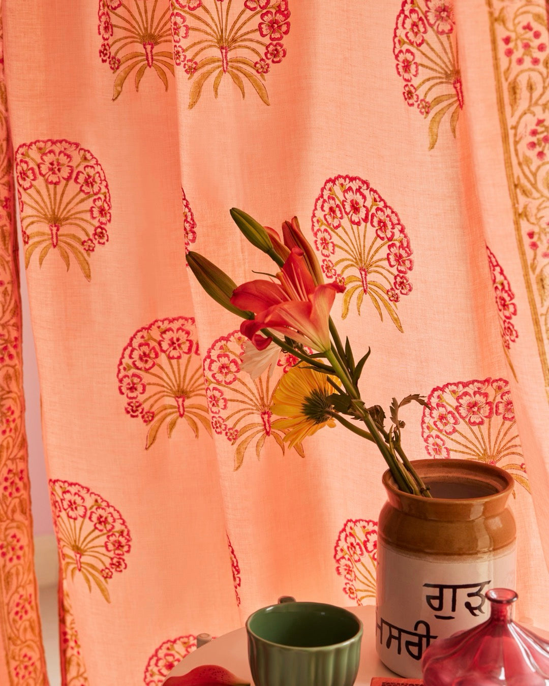 Pink & Green Hand Block Printed Linen Curtains | Floral Pattern | Privacy Opaque Light Filtering-3