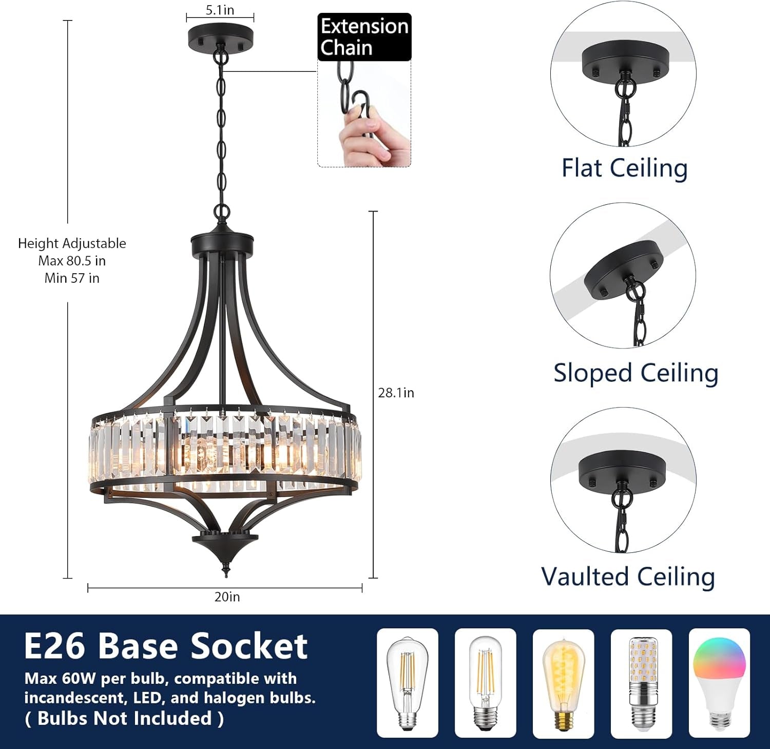 20 Inch Black Chandelier Pendant Fixture Modernist-2