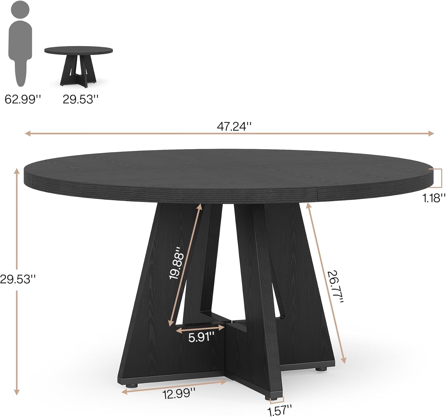 Farmhouse Round Dining Table 47 Inch Black For Four