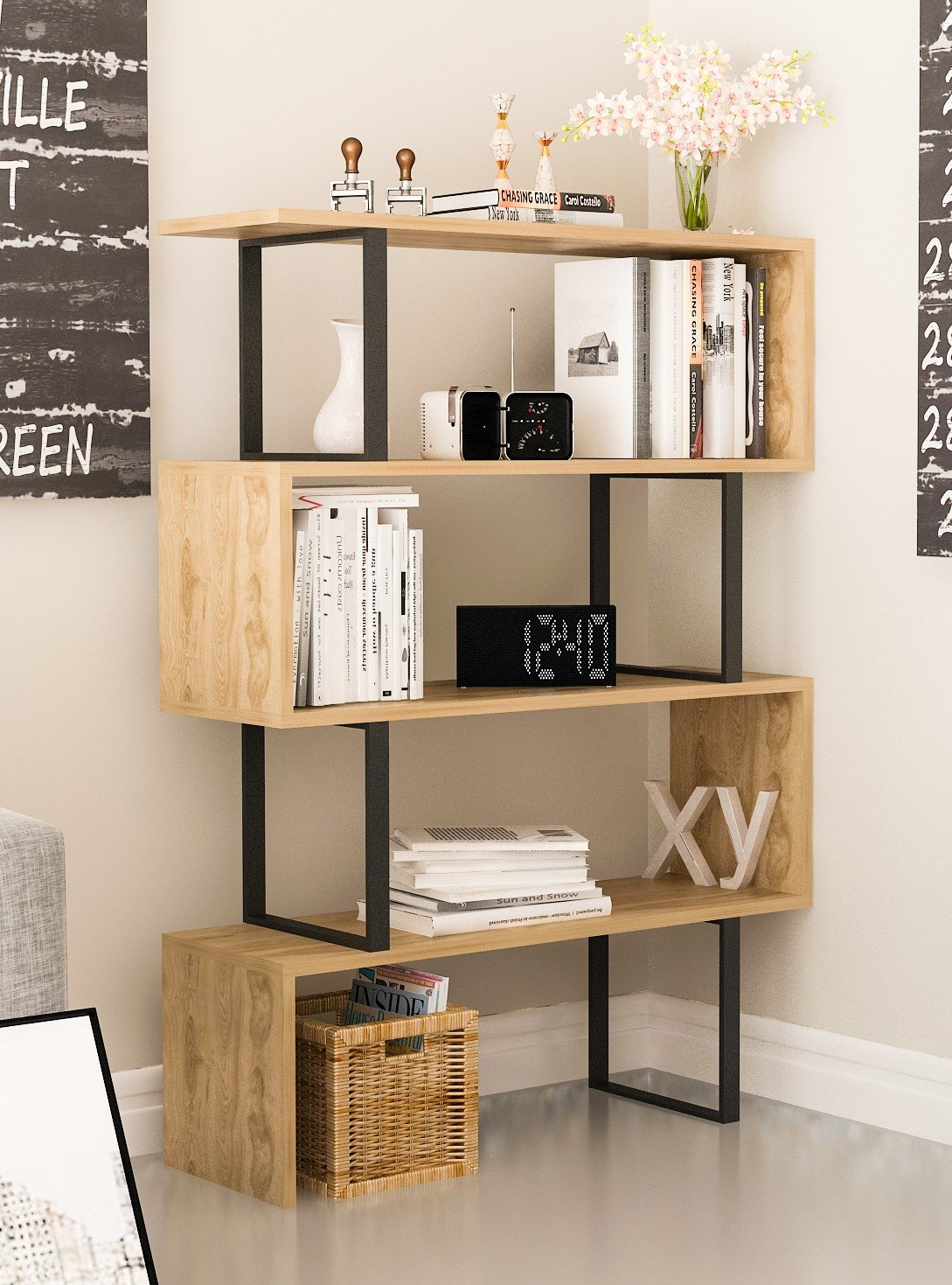 Adriana 49" Tall Metal Manufactured Wood Geometric Bookcase