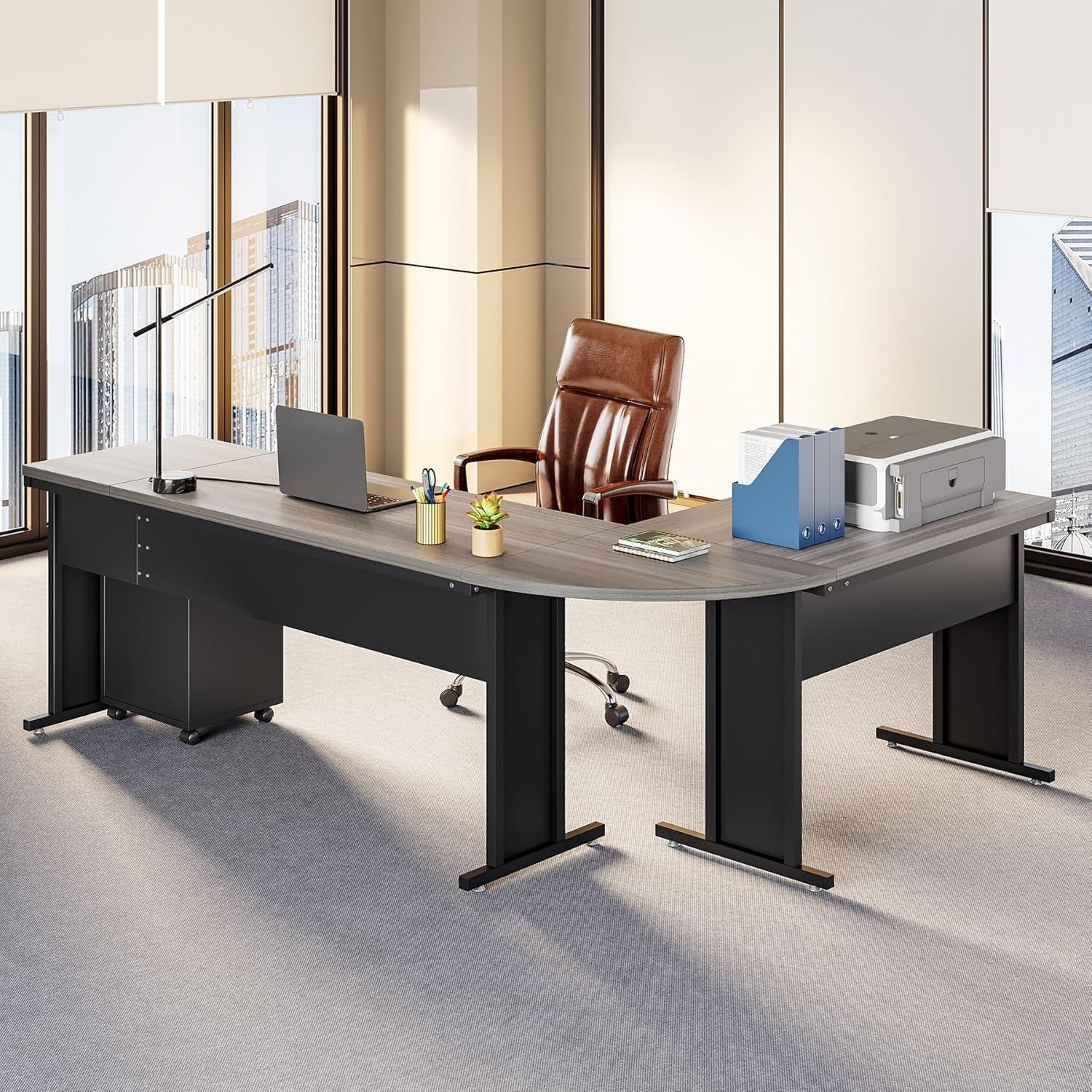 83in Gray Farmhouse L Shaped Desk With Mobile File Cabinet