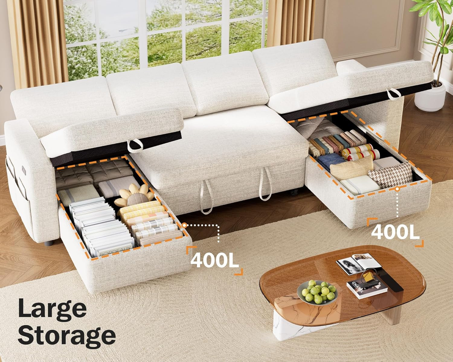 105Inch UShaped SectionalSofa With Pullout Bed Beige