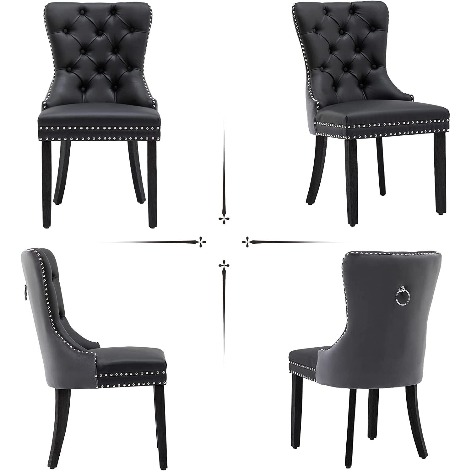 Black And Dark Grey Velvet Dining Chairs Set Of 6 With Nailhead Trim Pull Ring