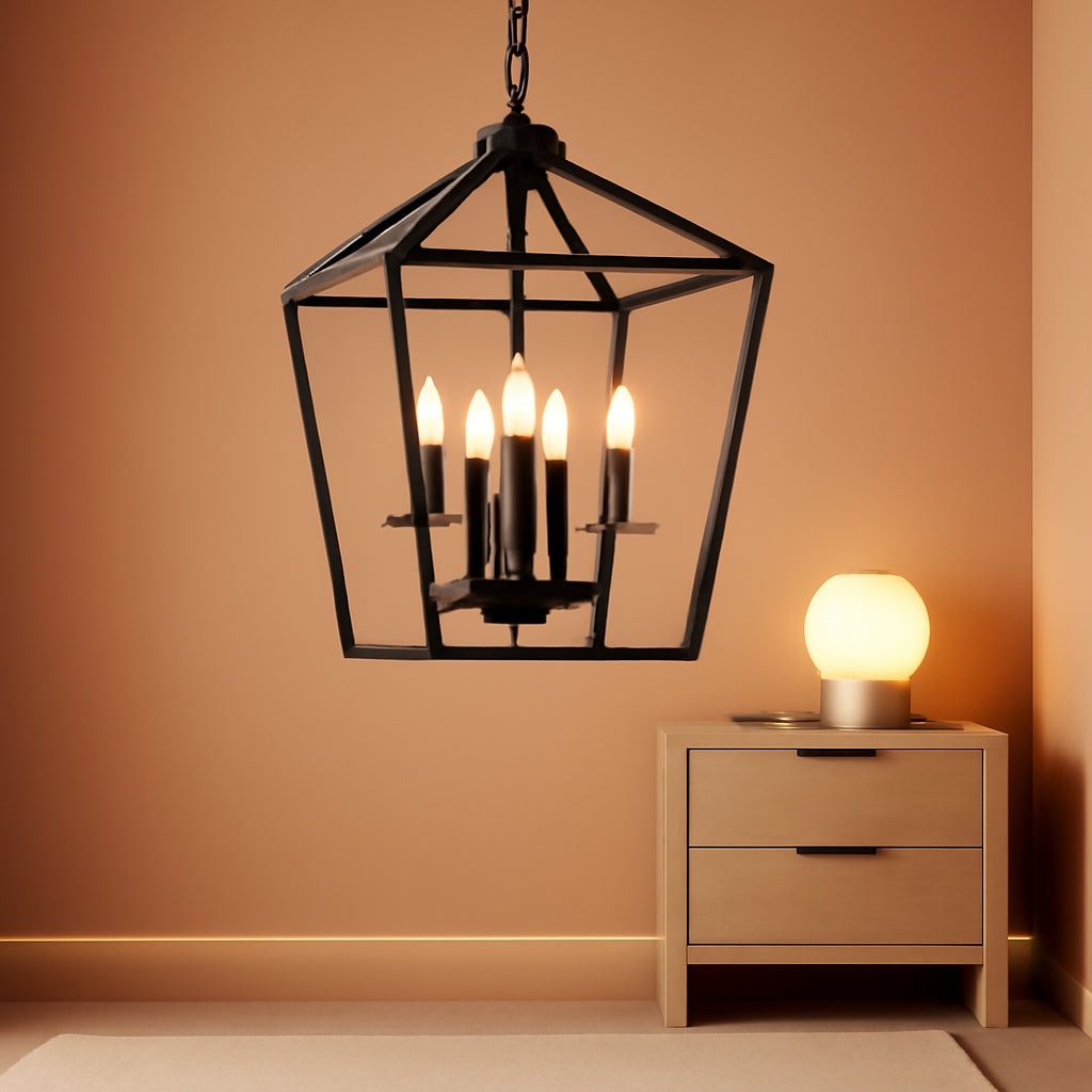 4 Light Black Lantern Chandelier With Adjustable Height