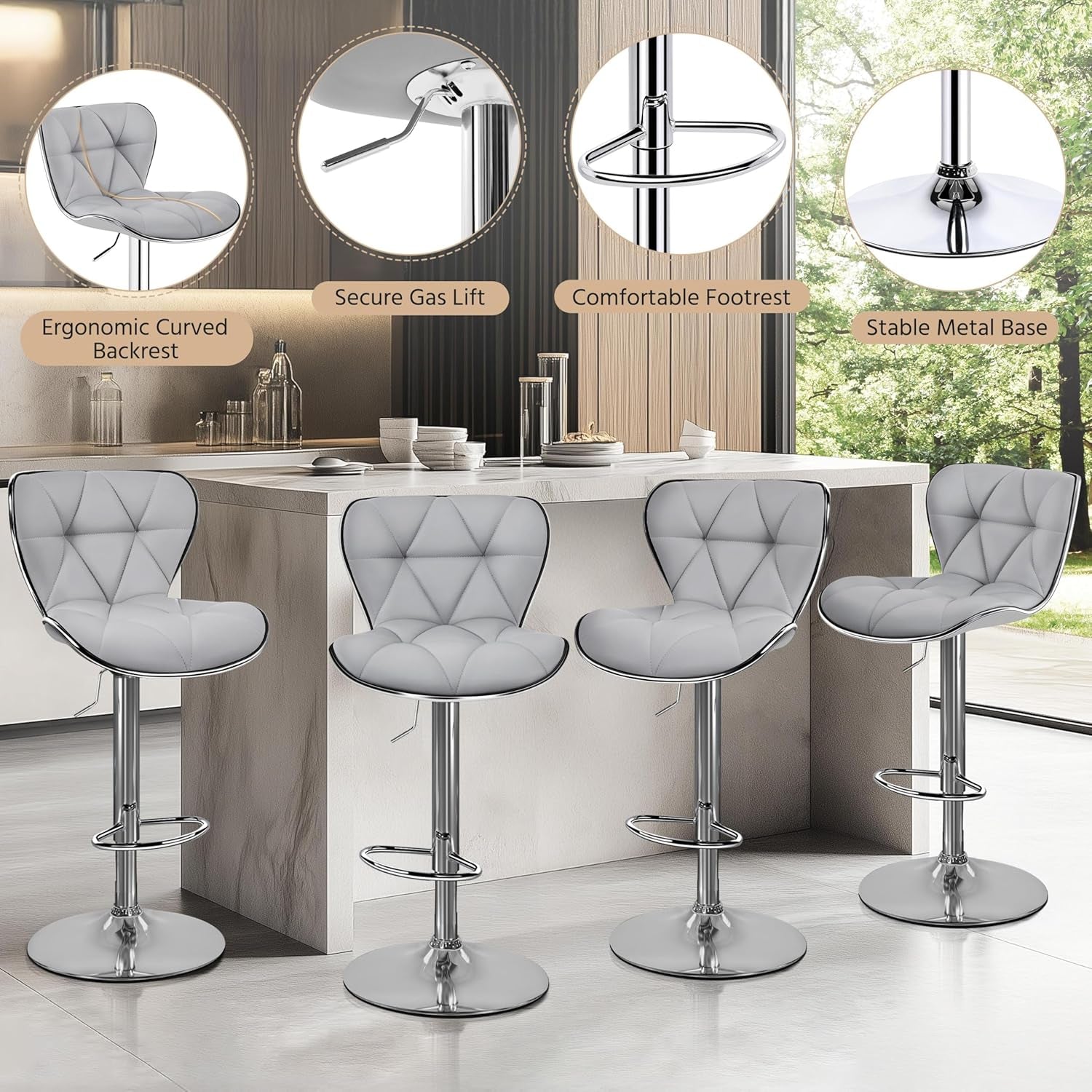 Bar Stools Set Of 2 Adjustable Swivel PU Leather Light Grey